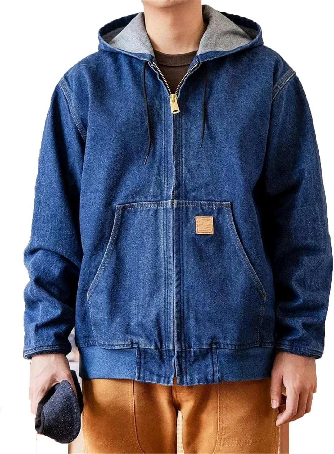 Men's Hooded Denim Jacket Vintage Unlined Outerwear Work Coat With Zipper And Ribbed Cuffs