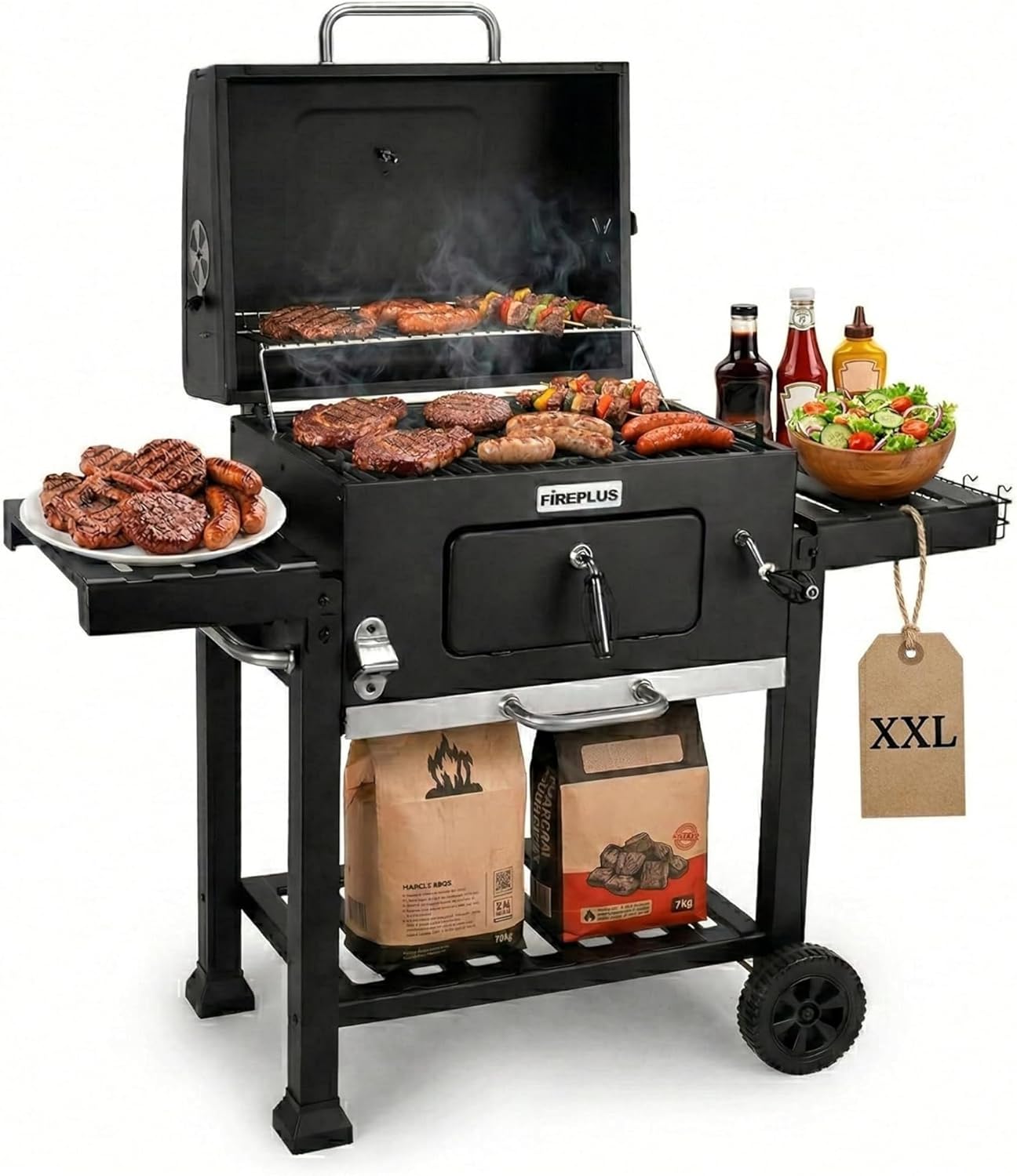 Amig - Barbecue portatile a carbone Fireplus - Con ruote e ripiani laterali - Sistema di ventilazione e cassetto raccogli cenere - Griglia in acciaio 57 x 42 cm - Dimensioni: 116,5 x 13,1 x 56 cm