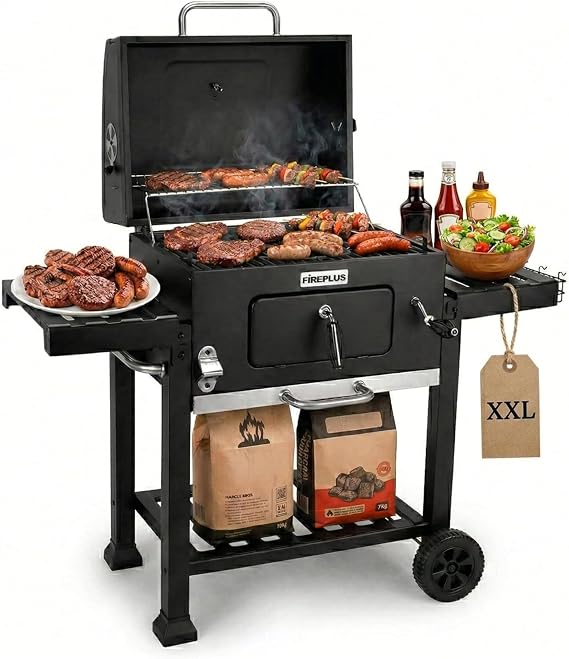 Amig - Holzkohlegrill XXL - Fireplus Tragbarer Barbacue - Grill mit Rädern und Seitenablagen - Belüftungssystem und Aschebehälter - Stahlgrill 57 x 42 cm - Maße: 116 x 131 x 56 cm
