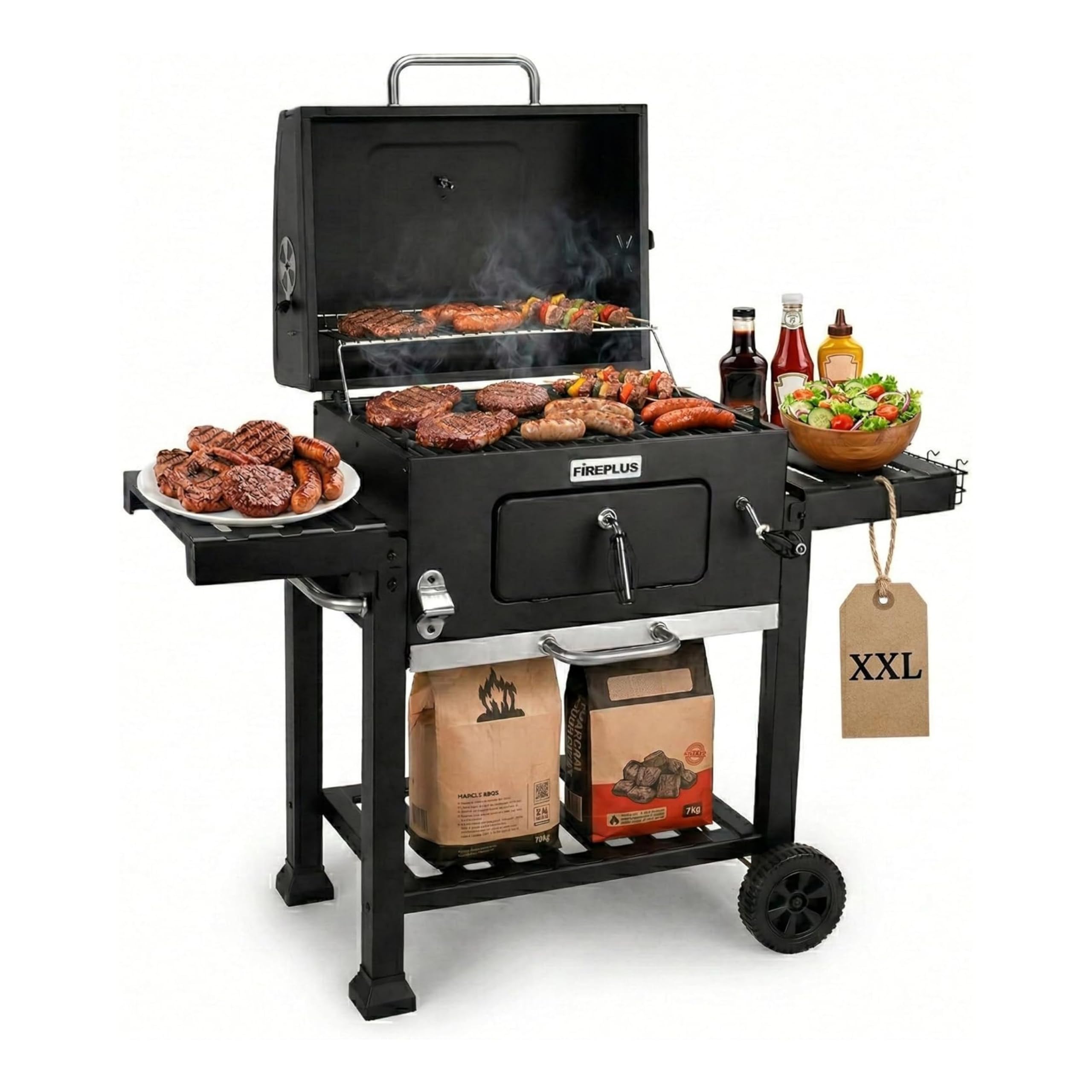 Amig - Barbecue portatile a carbone Fireplus - Con ruote e ripiani laterali - Sistema di ventilazione e cassetto raccogli cenere - Griglia in acciaio 57 x 42 cm - Dimensioni: 116,5 x 13,1 x 56 cm