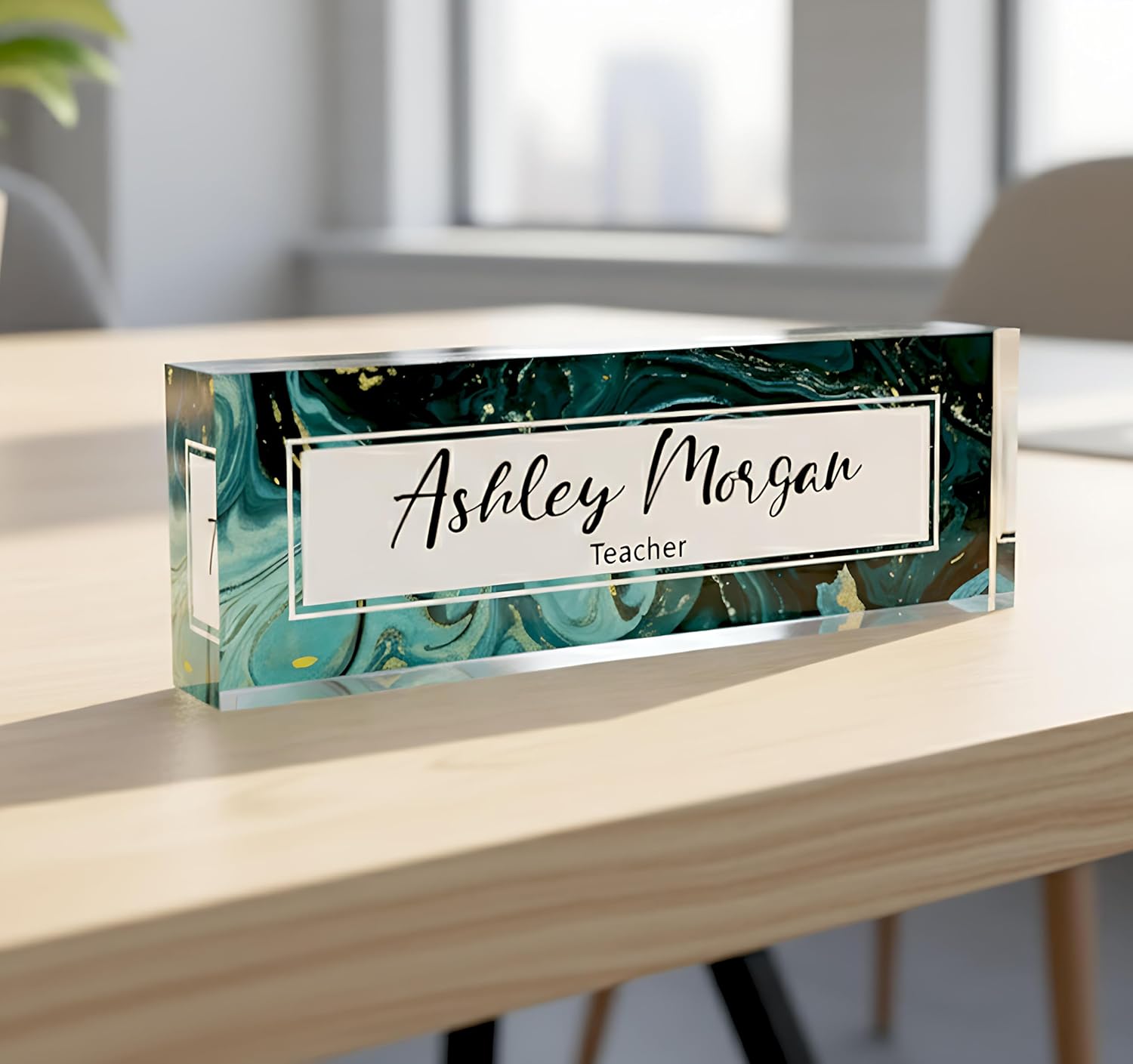 ARTSWAVE - Clear Acrylic Green Marble Design Block Nameplate for Teacher, Boss, Principal, Nurse, Office Decor, Door or Wall Display - 8"x2.5"