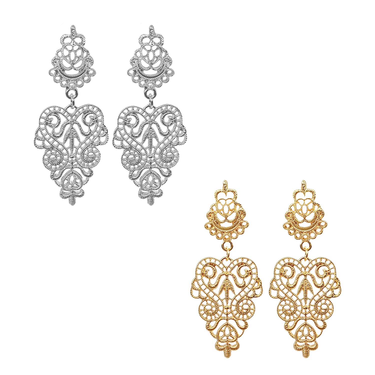 KaFu2 pairs Bohemian Filigree Chandelier Hollow Lace Pattern Earrings Lightweight Moroccan Style Floral Geometric Dangling Drop Earrings Statement jewelry for Women Girls Wedding