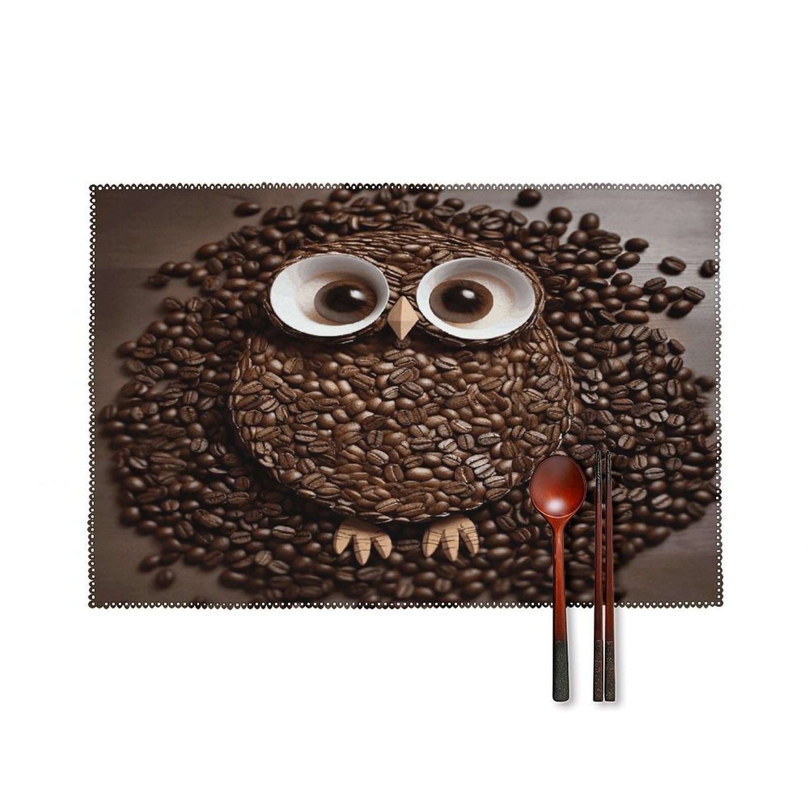 Coffee Bean Owl Placemats Set of 6 Washable Heat Resistant Non-Slip Place Mats Easy Clean Table Protective Placemats Farmhouse Decorate Dining Table Mat for Kitchen 12X18In