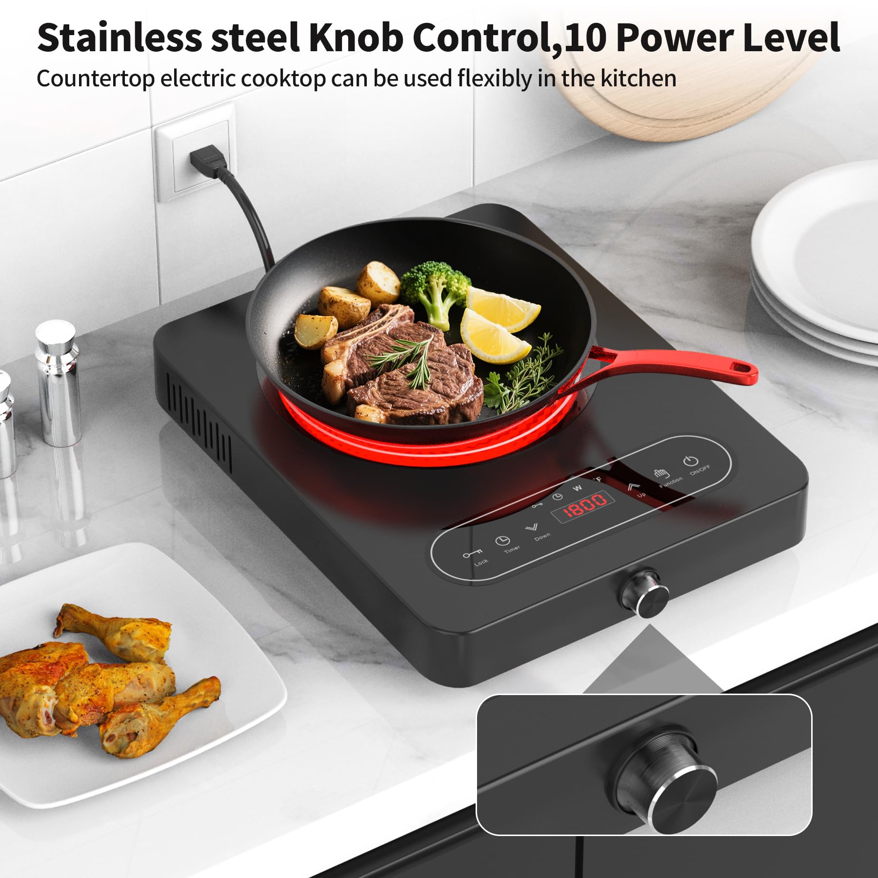 Single Burner Electric Cooktop, 110V 1800W Electric Cooktop with LED Touch Controls and Knob Controls, 10 Power Levels, 4-Hour Timer, Safety Lock, Single Burner Overheat Protection 5