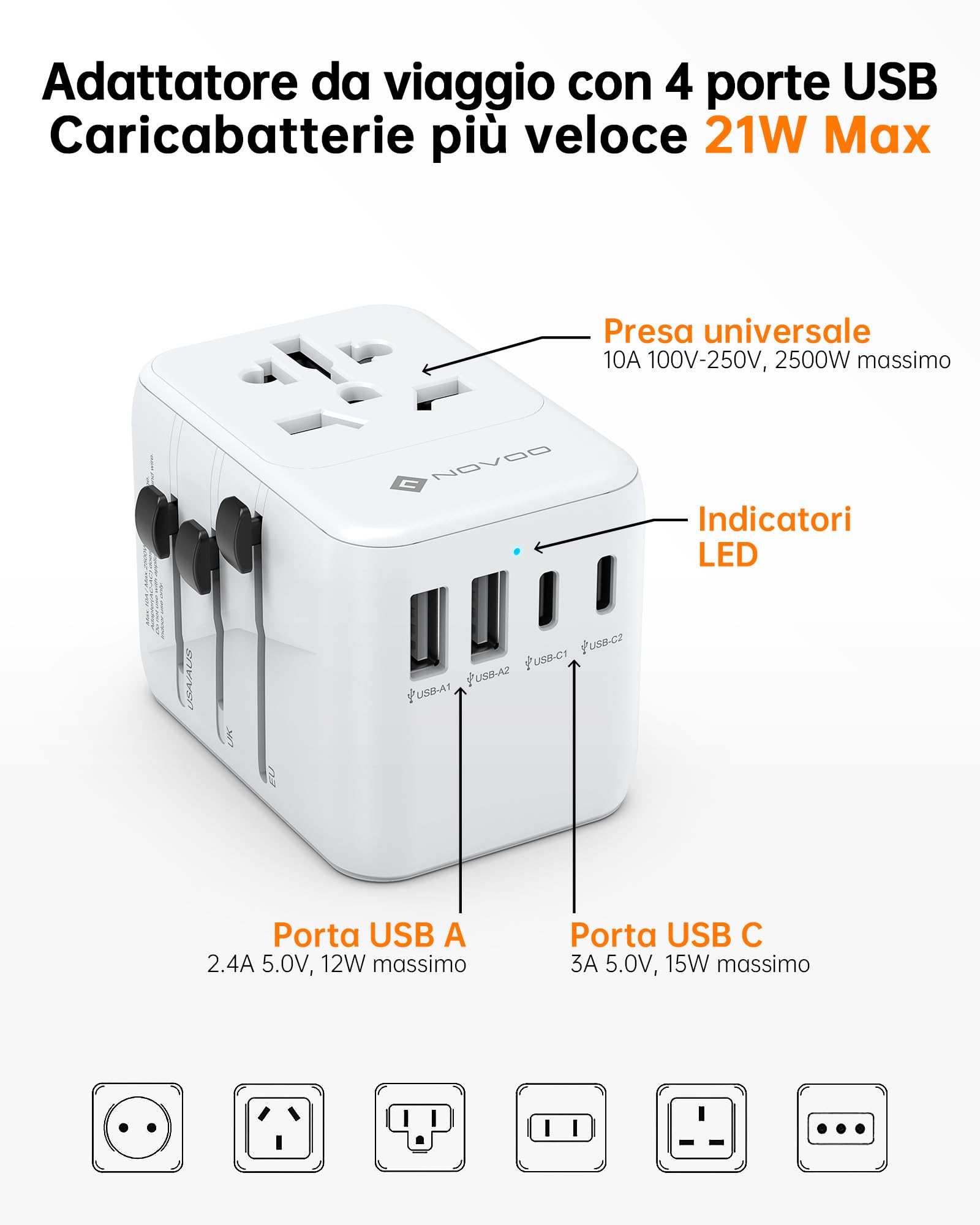 TESSAN 35W/65W/100W GaN Adattatore da viaggio universale con porte USB Tipo C Adattatore di alimentazione a ricarica rapida Spina UE/Regno Uno/USA/AUS per i viaggi  44