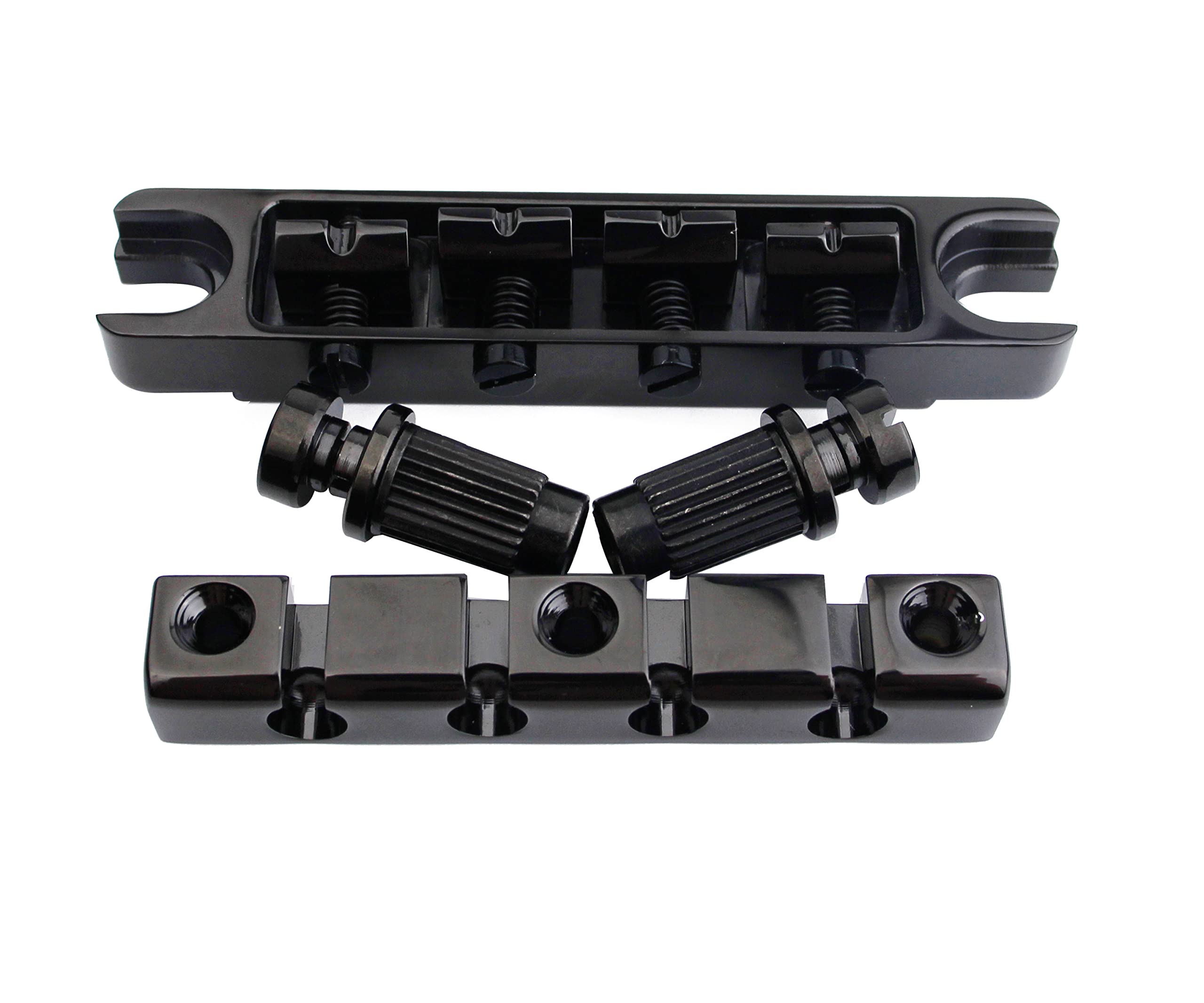 Guyker 4-saitiger High Mass Bass Bridge mit Vintage Steel Stop Bar Saitenhalter CNC-gefräst, schwarz