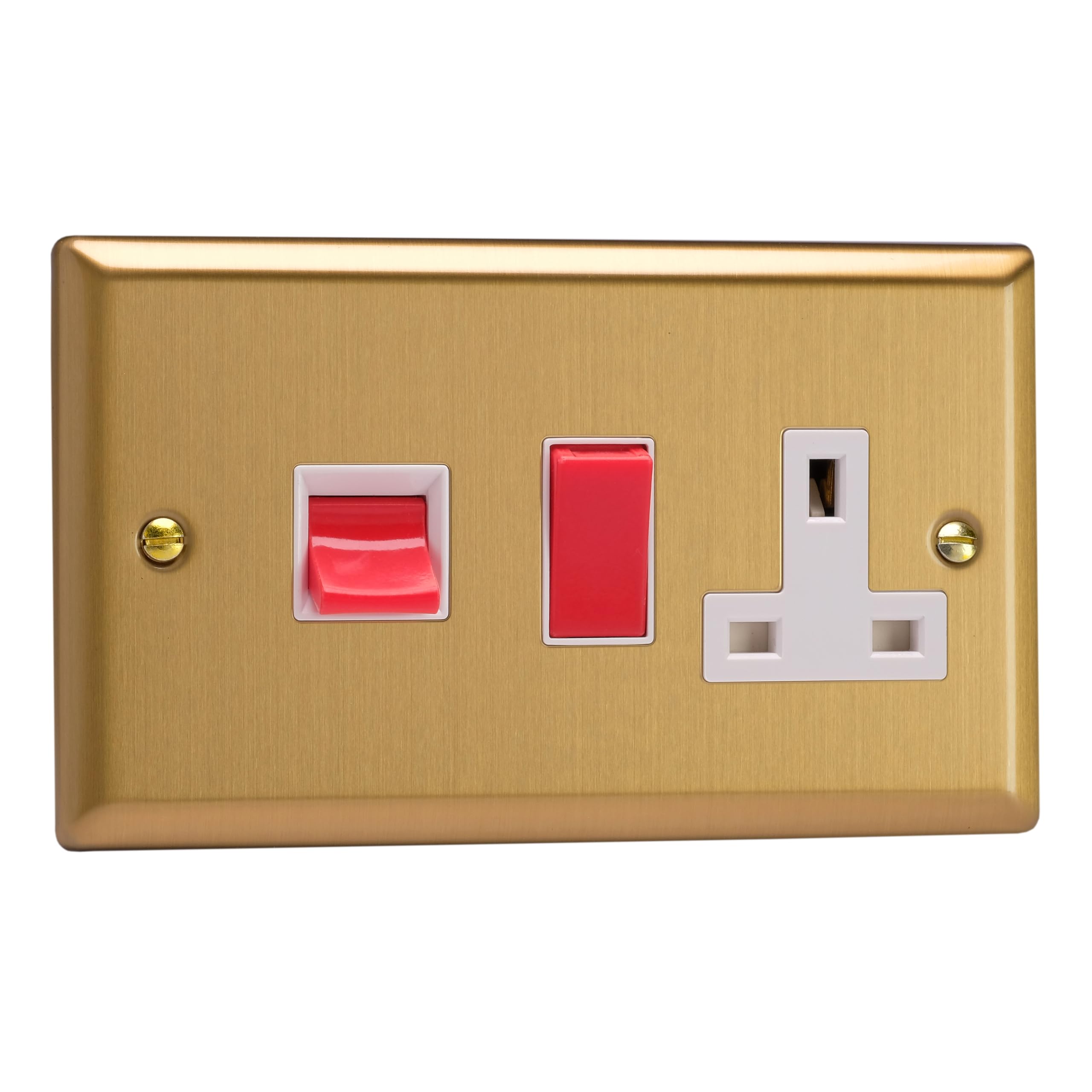 Varilight XB45PW 45A Cooker Switch + 13A Socket, 2 Pole, Classic Brushed Brass White/Red Insert
