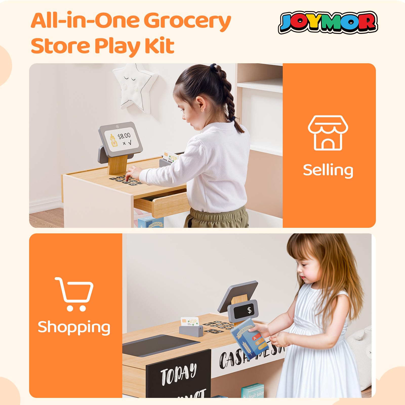JOYMOR Grocery Store Pretend Play, Interactive Wooden Supermarket Toy Playset w/Vending Coffee Machine, Selling & Shopping Accessories 2-in-1, Toddler Play Store Perfect for Christmas Birthday Gifts