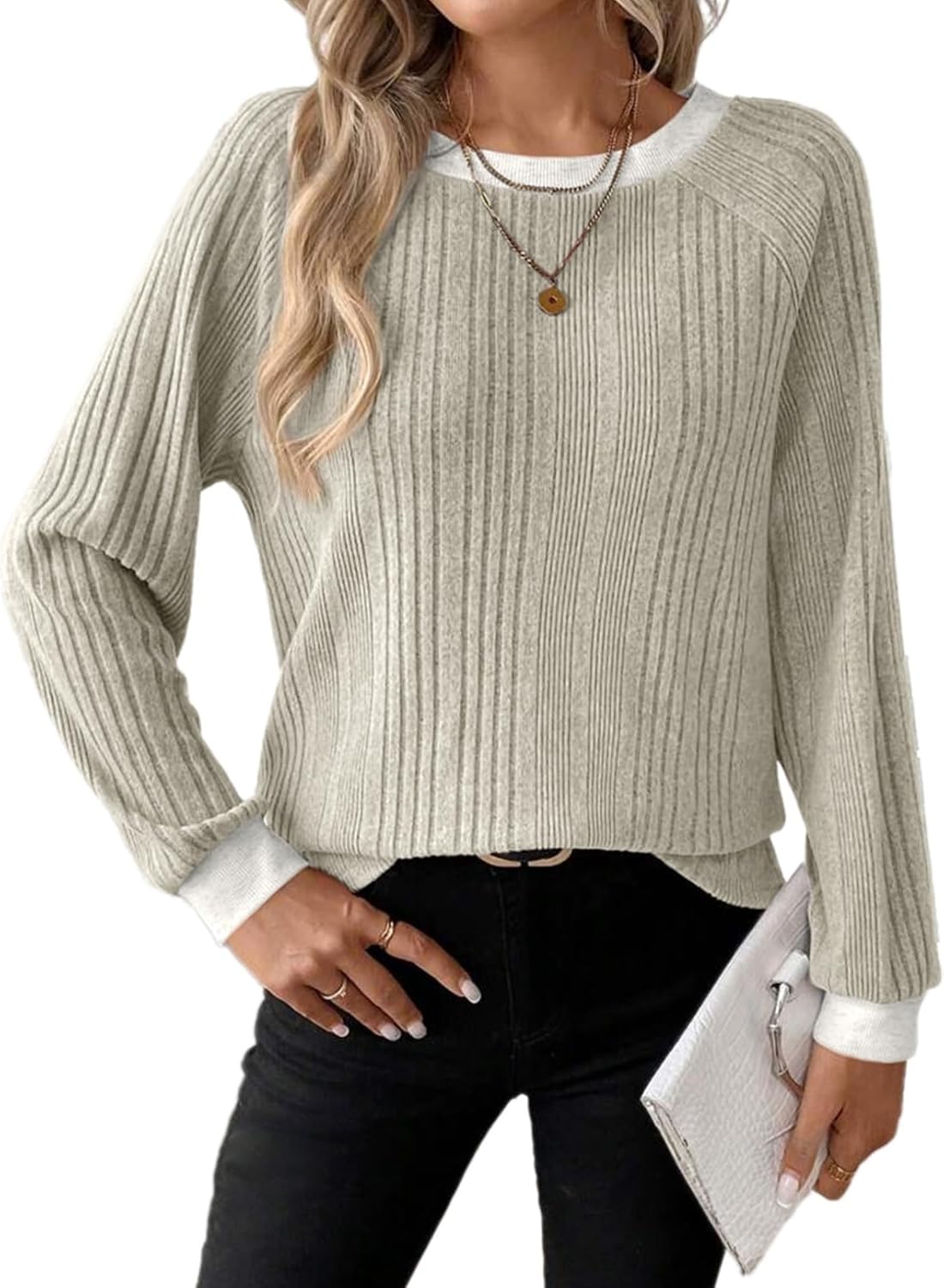 Dokotoo Long Sleeve Shirts for Women Casual Fashion Loose Fit Womens Tops Crewneck Basic Pullover Tunics