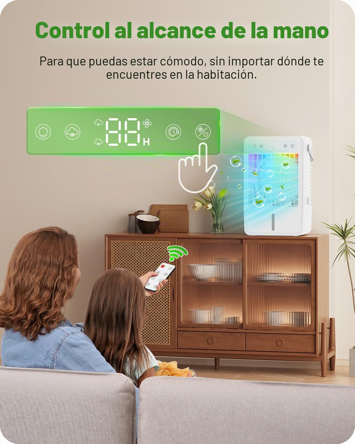 Mini Aire Acondicionado Portatil con 1.5L | Enfriador de Aire con 5 Velocidades + 3 Modos de Neblina | Temporizador 10H | Mando a Distancia y Luz RGB - para Dormitorios, Oficinas y Espacios Reducidos