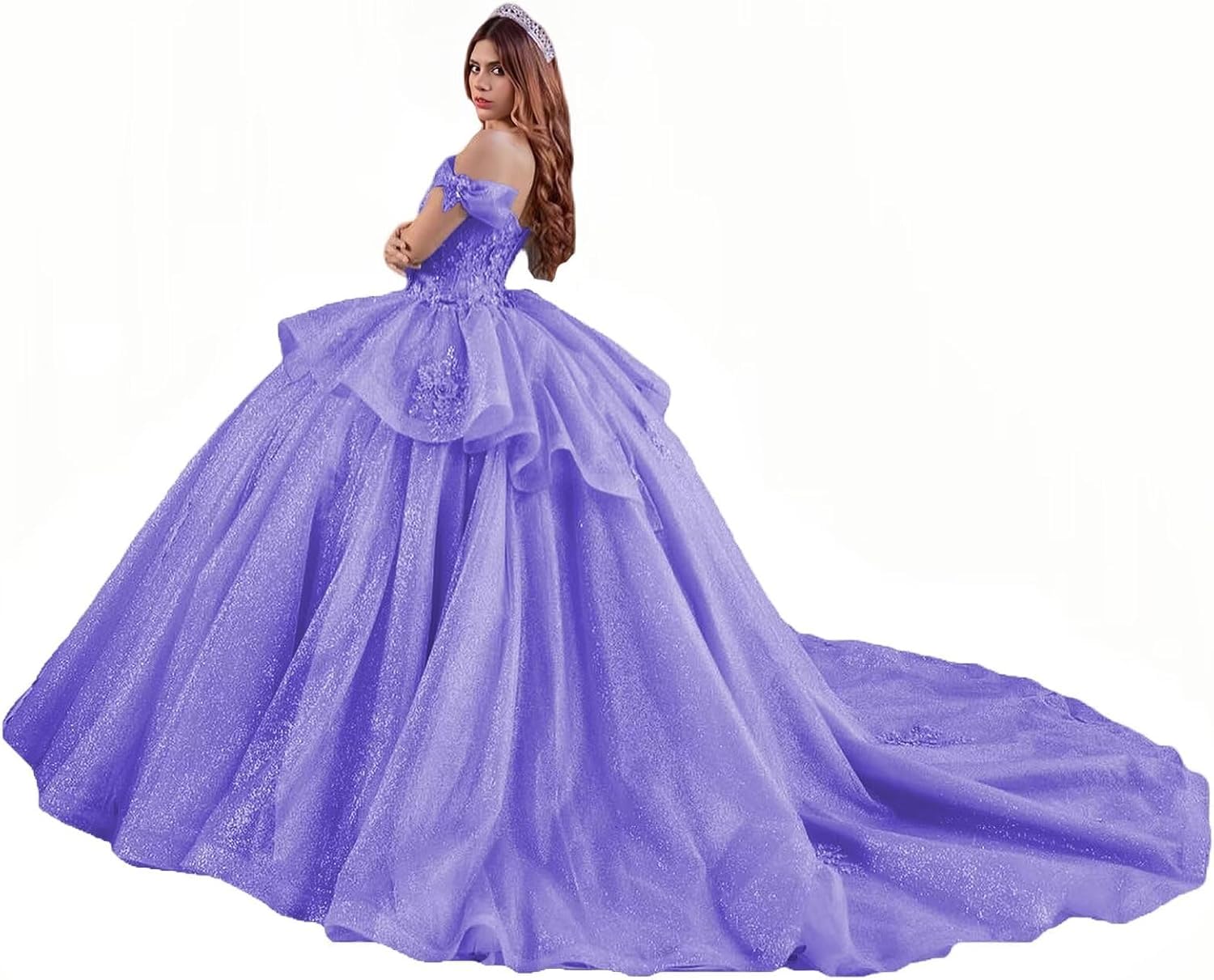 Yifanier Sparkly Tulle Quinceanera Dresses Sweet 16 Dresses with Train Puffy Princess Ball Gown MT015