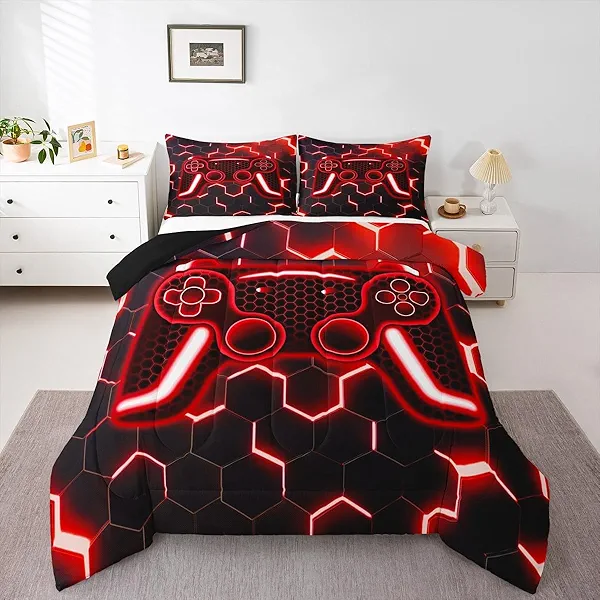 Erosebridal Kids Gamer Bedding Sets Twin Size, Gaming Comforter Sets for Boys Teens Gamepad Controller Quilt Red Geometric Honeycomb Duvet Insert Gaming Decor for Boys Bedroom, Machine Washable