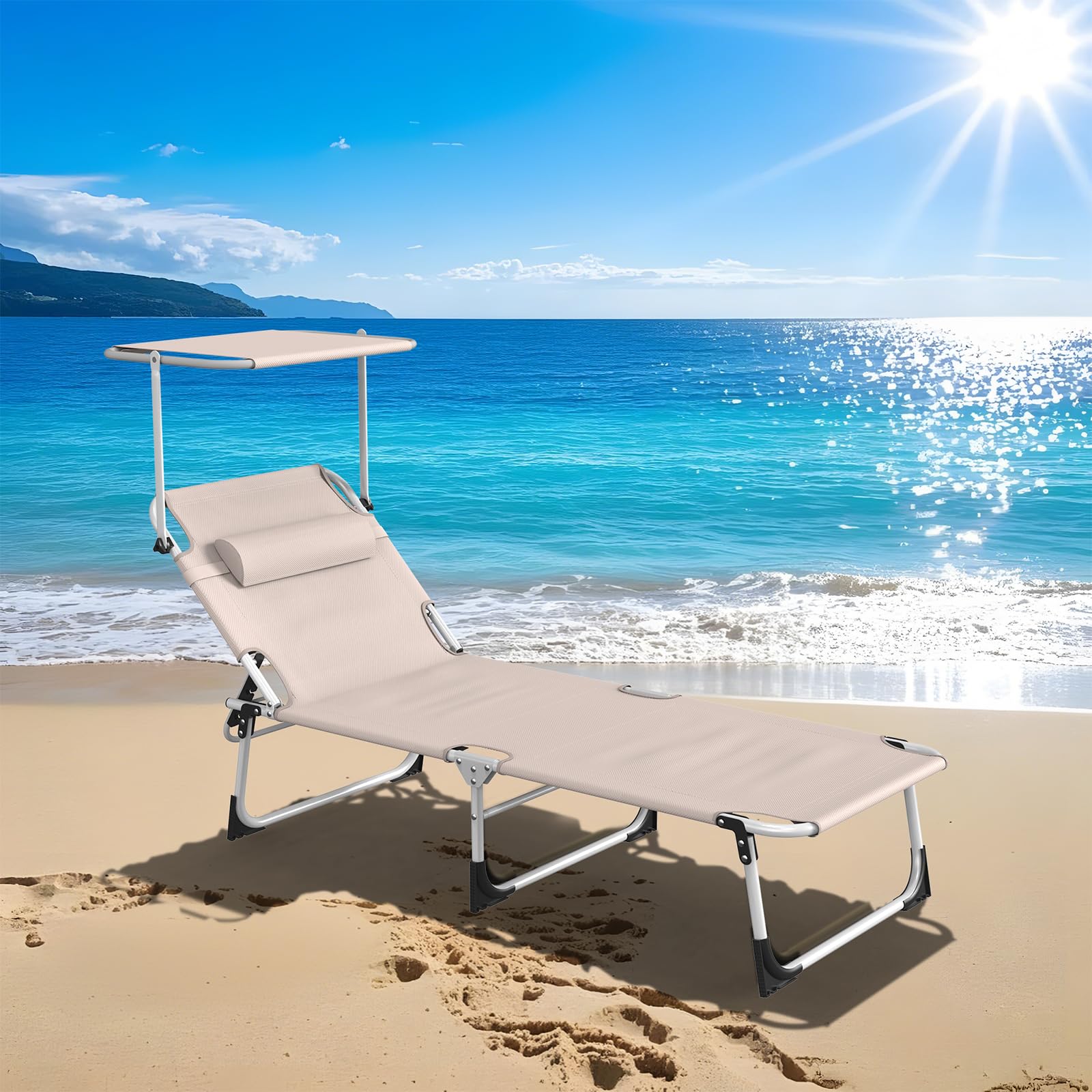Chaise Longue Bain de Soleil Pliable avec Poche Latérale, Pare-Soleil 360° Ajustable, Transat Extra Large 68 cm, Dossier Inclinable et Appuie-Tête, pour Jardin-Plage-Camping, Tissu Oxford 600D, Kaki