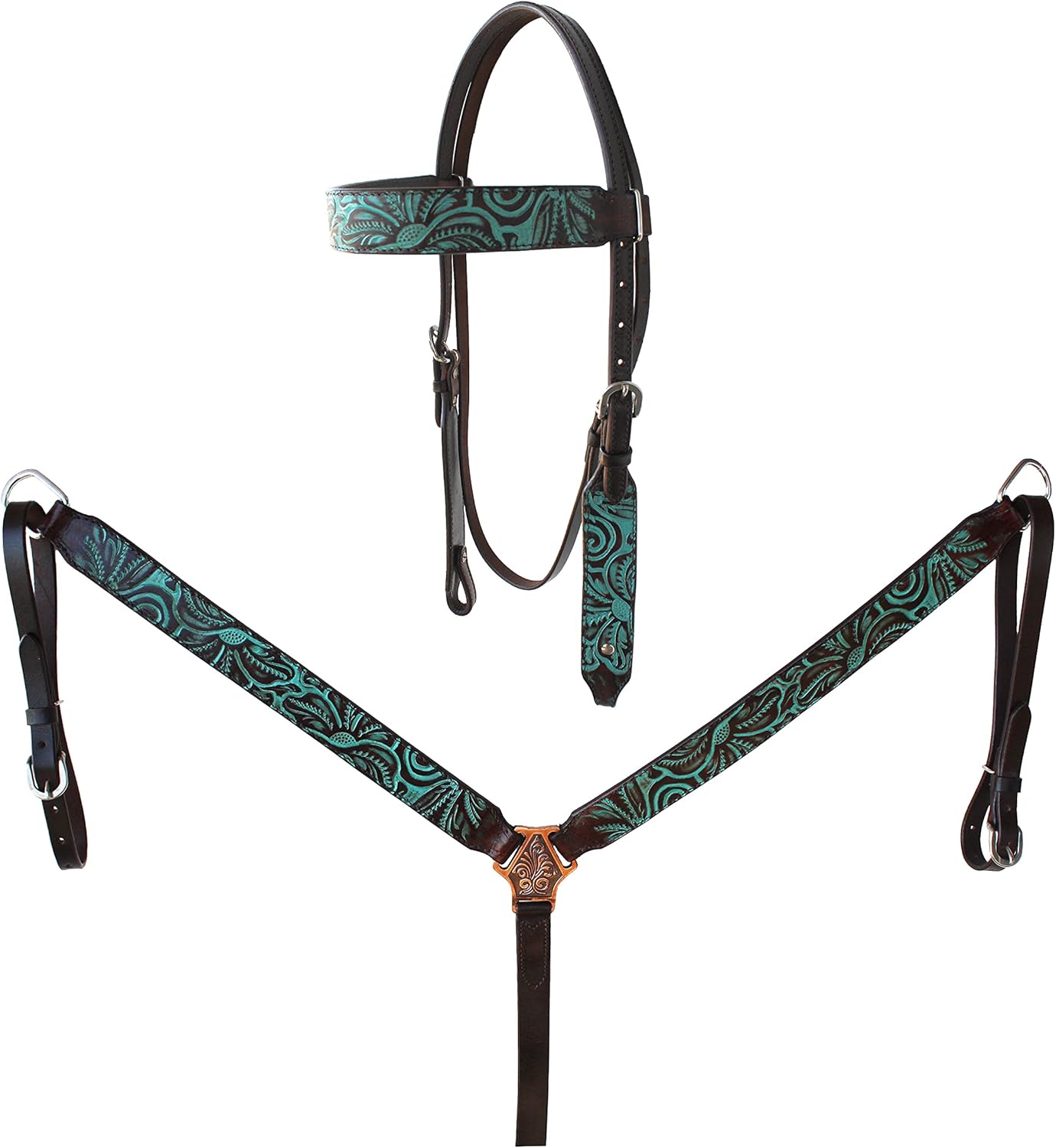 CHALLENGER Horse Western Feather Tooled Browband Bridle & Breast Collar Set Black 78FK02B : Sports & Outdoors