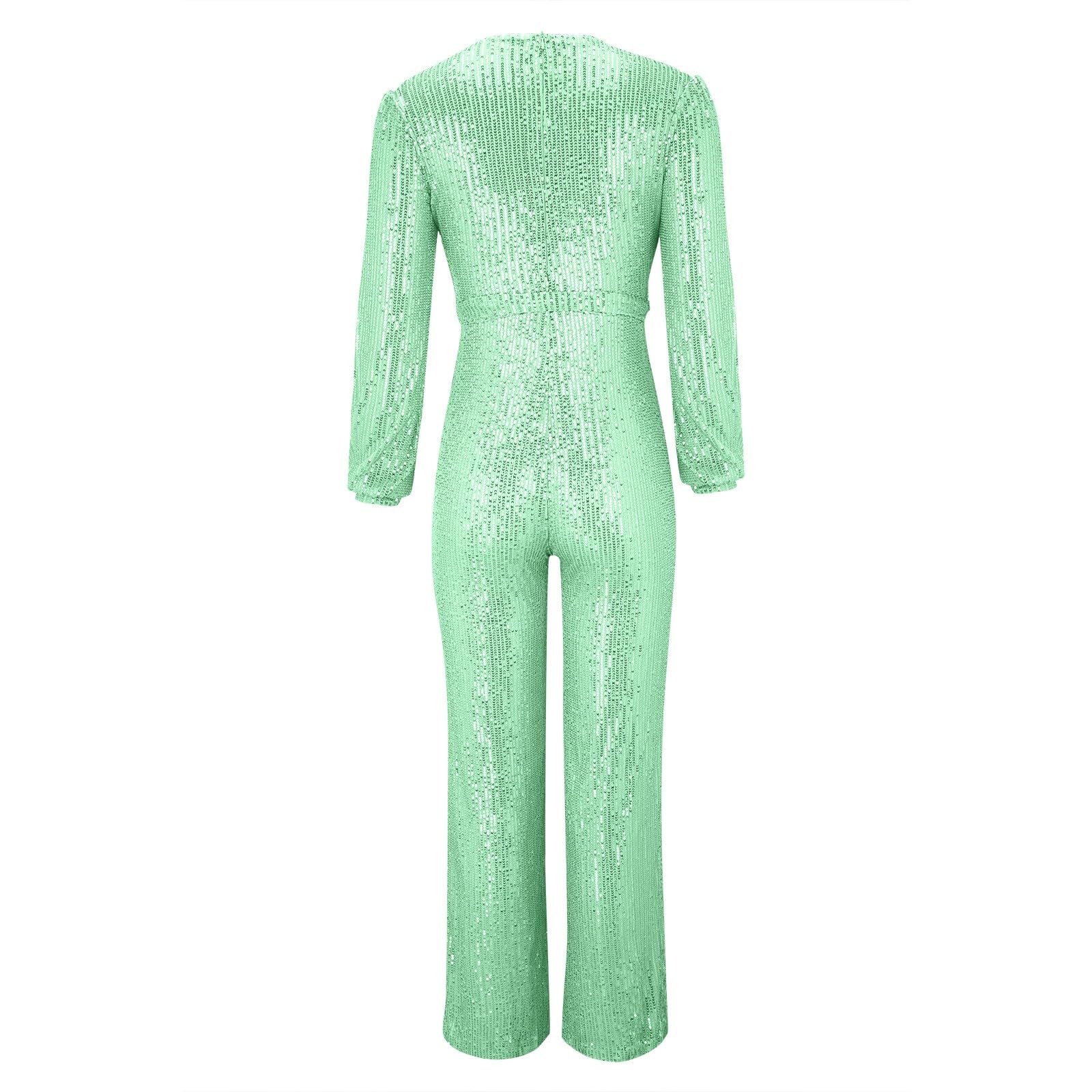 Combinaison à paillettes pour femme - Paillettes brillantes - Col en V - Manches longues - Barboteuse droite et large - Pantalon long, Vert, M