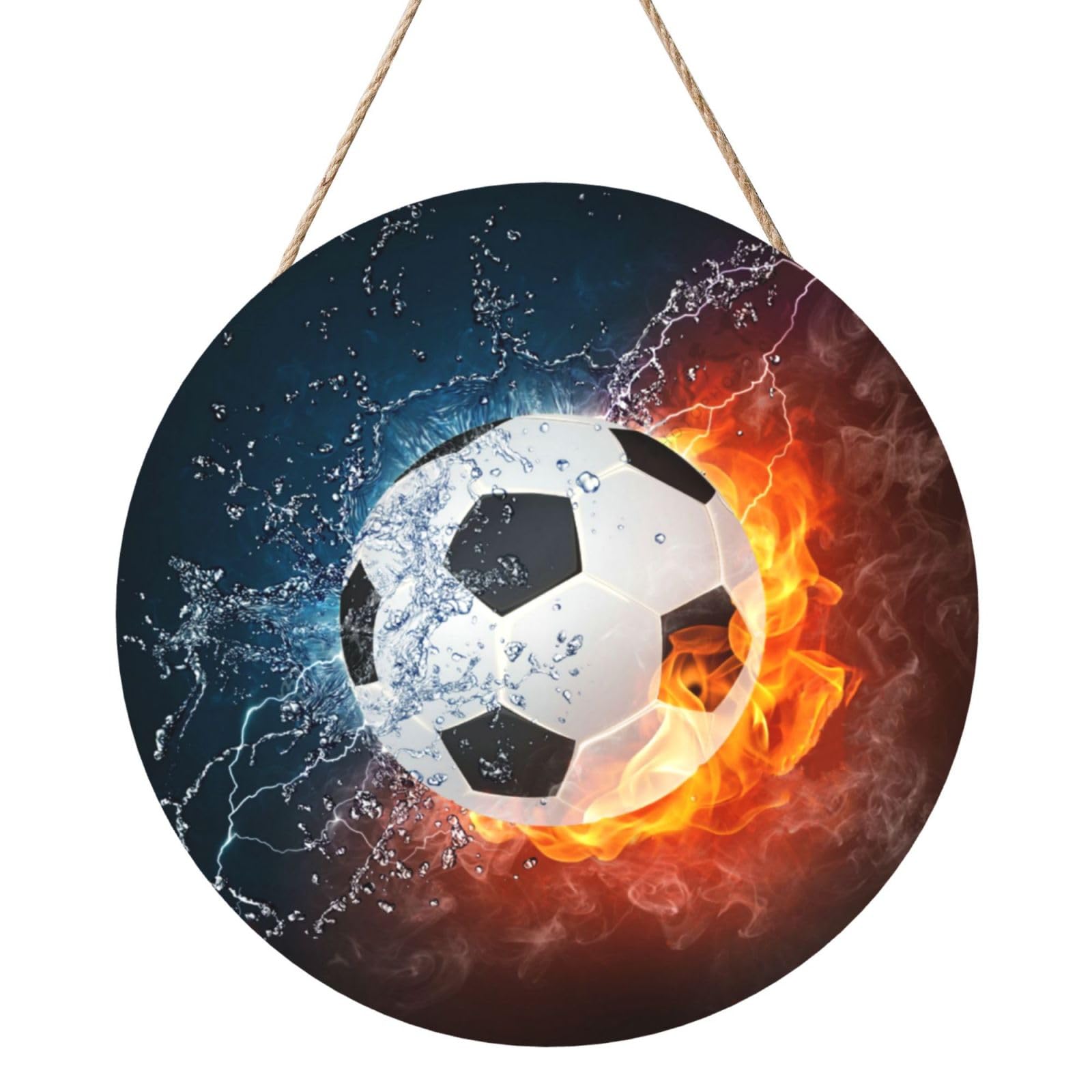 InOmak Soccer Ball On Fire And Water, Round Wood Panel Painting 12 in, Wall Hanging Painting For Home