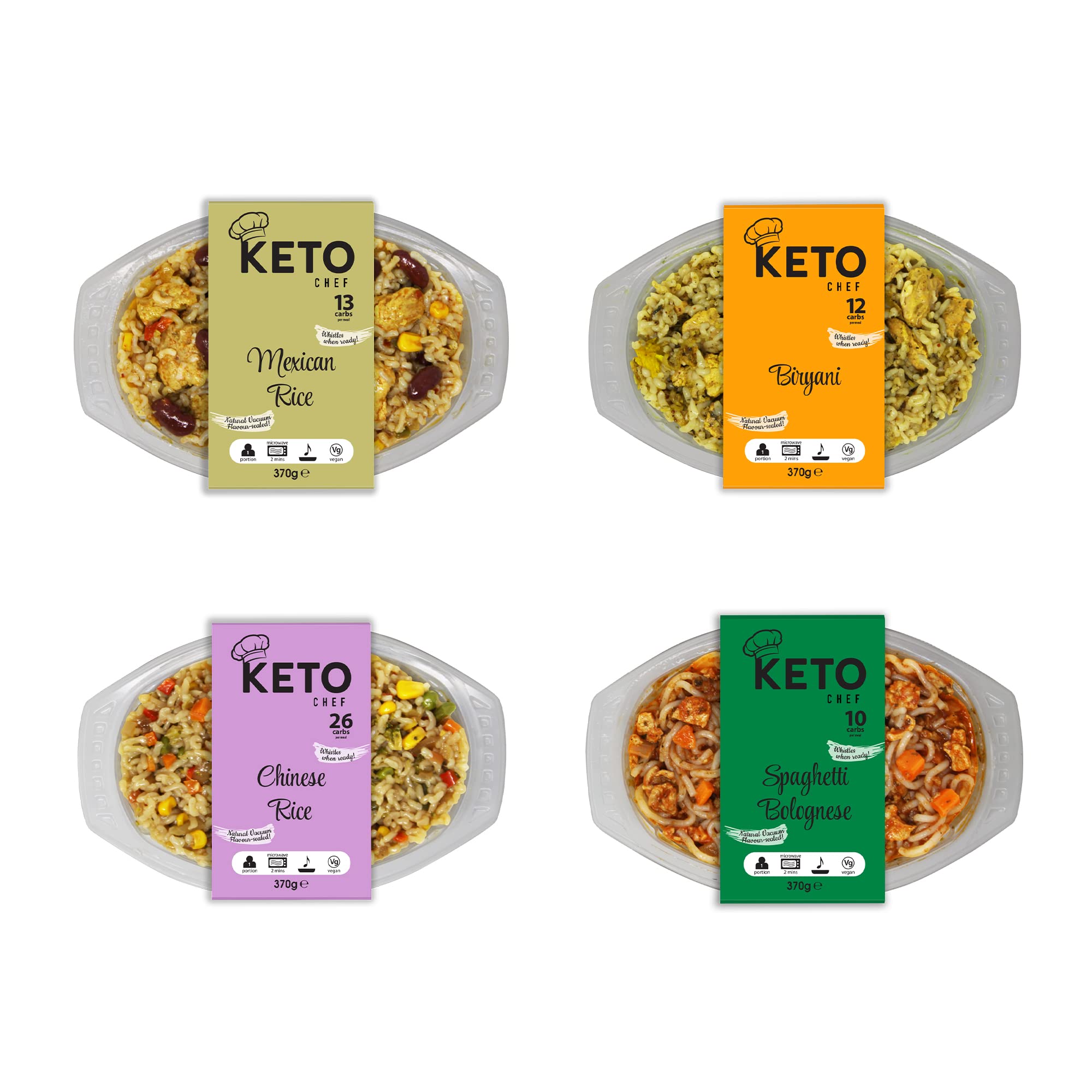 Keto Chef Instant Rice Ready Meals – Chinese Fired Rice, Mexican Rice, Biryani Rice, Spaghetti Bolognese Noodles, Konjac Vegan Microwaveable Meal | Free-from & High in Protein Pack of 4 (370g)