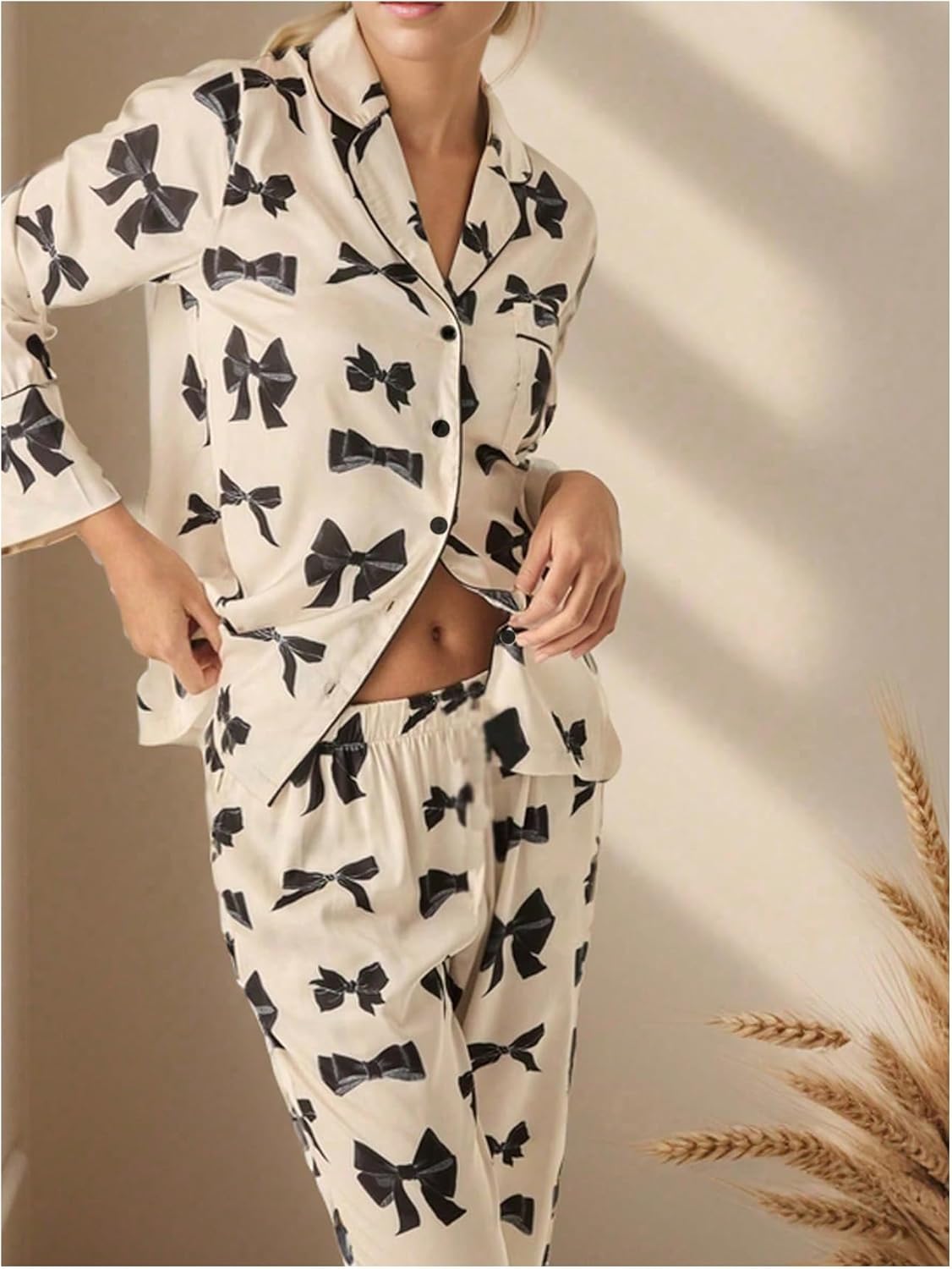 SHENHE Women's Bow Pajamas 2 Piece Long Sleeve Button Shirt and Pants Cute Pjs Set Lounge Pj - Image 4
