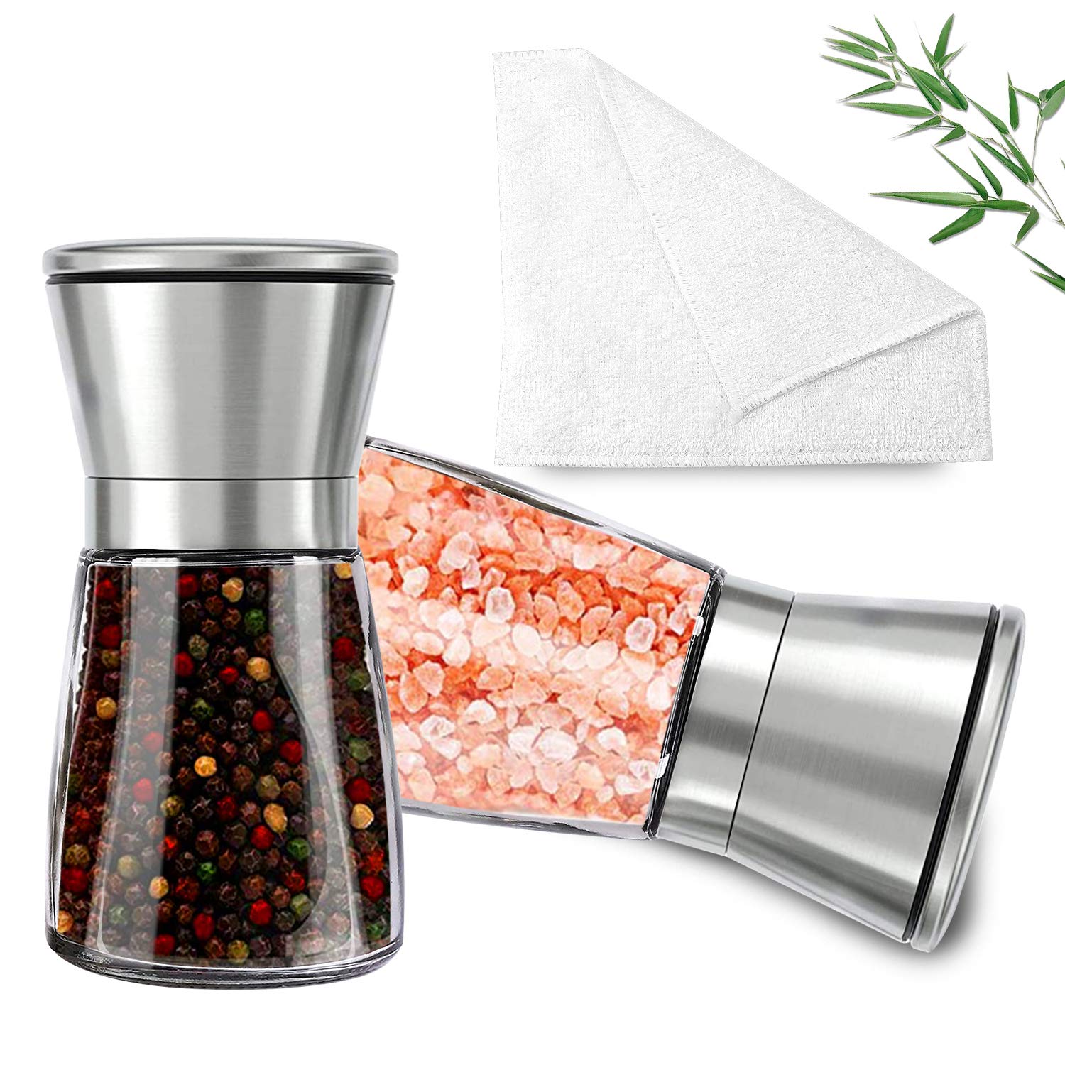 Herda 2 Pack Refillable Salt and Pepper Grinders Set - Pepper Shaker with Stainless Steel Head and Cleaning Cloth - Short Glass Mill with Adjustable Coarseness for Sea Salt, Black Peppercorn, Spices