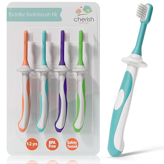 Cherish Baby Care Toddler Toothbrushes 1-2 Years (4-Pack) - BPA-Free & Safety-Tested Kids Toothbrush Kit, Designed by a Pediatric Dentist, Soft-Grip Toothbrush for Kids, My First Toothbrush Set