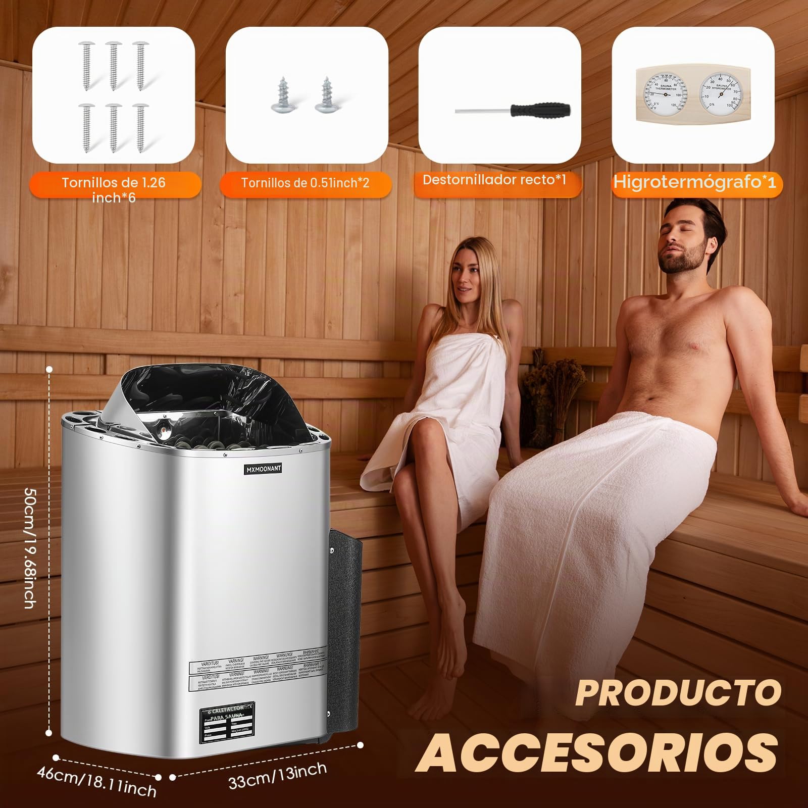 Mxmoonant 6KW Calentador de Sauna, Control de Pantalla Digital, para Casa, Hotel, Spa, Max 9 m³, con Higrotermógrafo Sauna