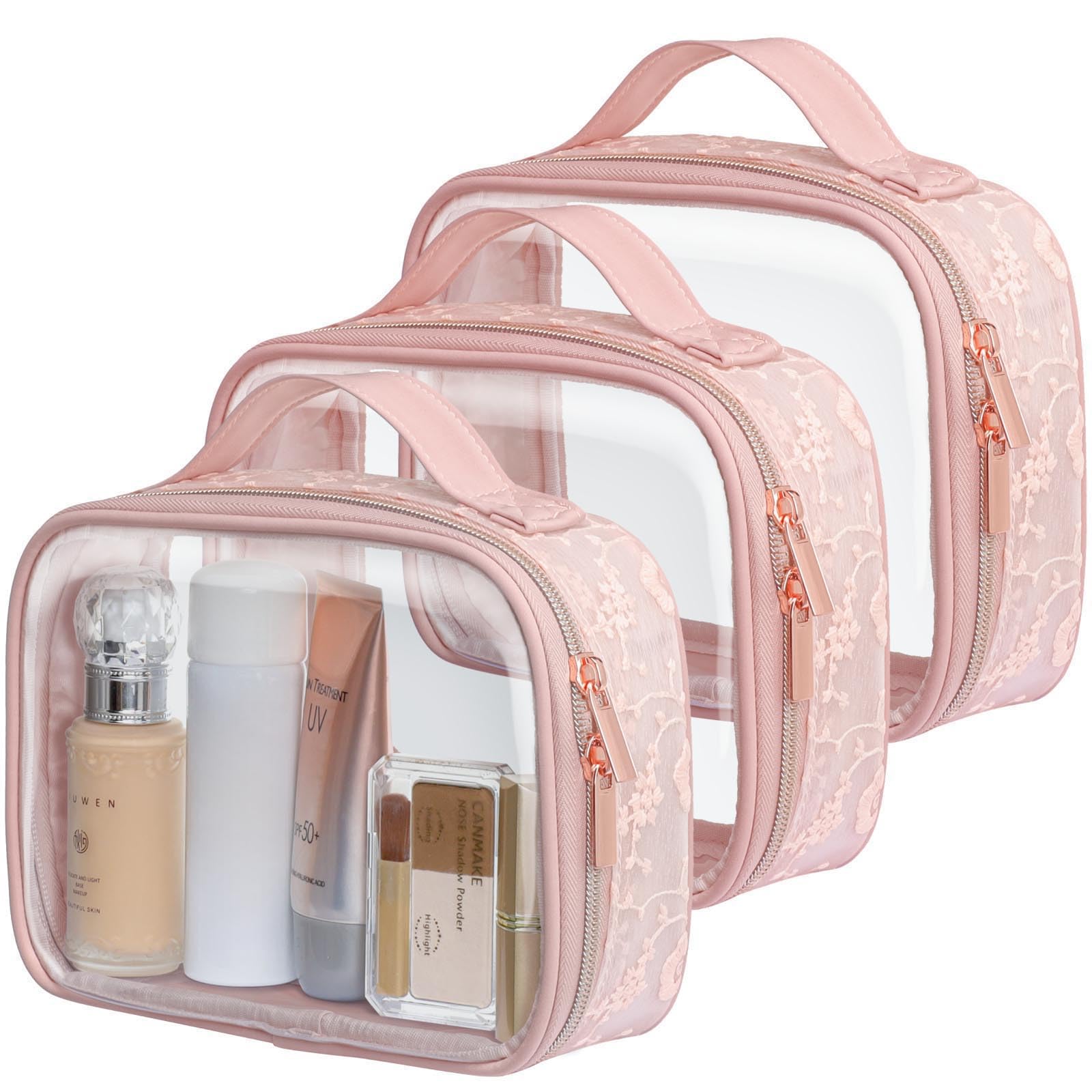 PACKISM Clear Makeup Bag Travel - TSA Approved Toiletry Bag, 3 Pack Pink