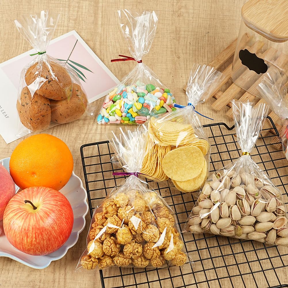 100 Sacchetti in Cellophane Trasparente 14x20 cm, Sacchetti Trasparenti per Alimenti con 100 Fiocchi e Lacci Intrecciati per Caramelle, Biscotti e Altre Confezioni Regalo