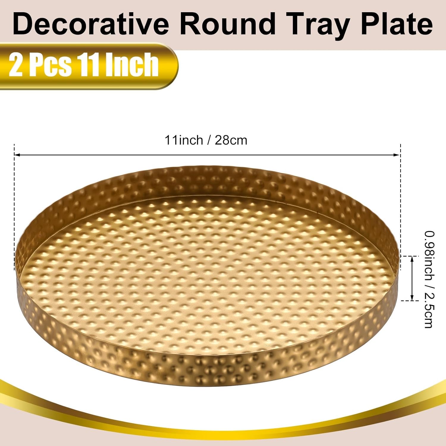 Funnymoom 2 Pcs Gold Round Serving Tray 11 Inch Hammered Decorative Iron Tray Kitchen Accessories Plate Vanity Plate Jewelry Dish Key Bowl for Home Decor Bathroom Candle Perfume Countertop