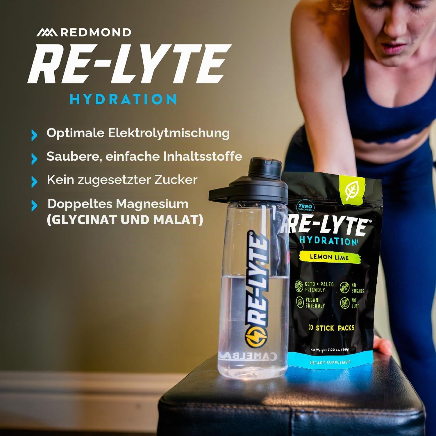 REDMOND Re-Lyte HYDRATION Drink Mix LEMON LIME, 30 x 6,3g Sachets - Elektrolytepulver, zuckerfrei, mit echtem Redmond Real Salt und über 60 wichtigen Mineralstoffen & Spurenelementen