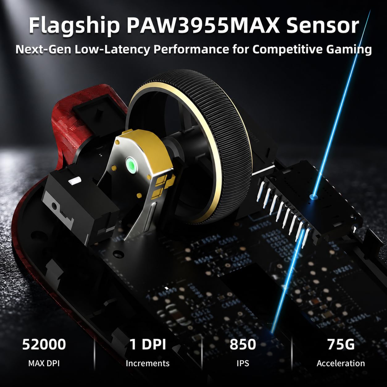 ATTACK SHARK RS3 Ultra Mouse Gaming Fibra Carbonio &Cavo C06Ultra-Rosso B | Doppio Tasso di Polling 8000 Hz, Sensore PAW3955MAX, MCU Nordic 54L15, Fino A 52.000 DPI, 20.000 FPS, Ultraleggera 63g