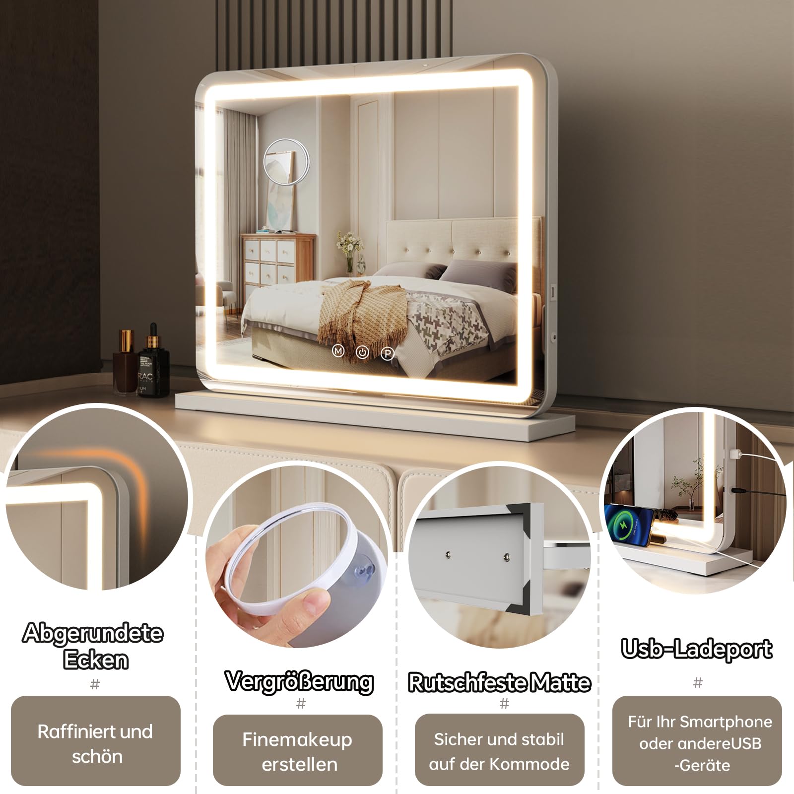 ZL ZELing Kosmetikspiegel mit Lichtern, 58,4 cm großer Make-up-Spiegel mit LED-Lichtern, Smart Touch, dimmbares 3-farbiges Licht, Memory-Funktion, USB-Ladeanschluss und Lupe