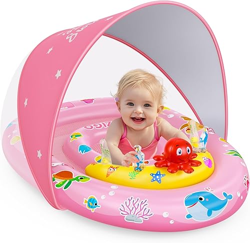 EZIGO Flotador de piscina para bebés con toldo UPF50+, flotadores inflables de piscina para niños con juguetes de animales del océano para bebés de
