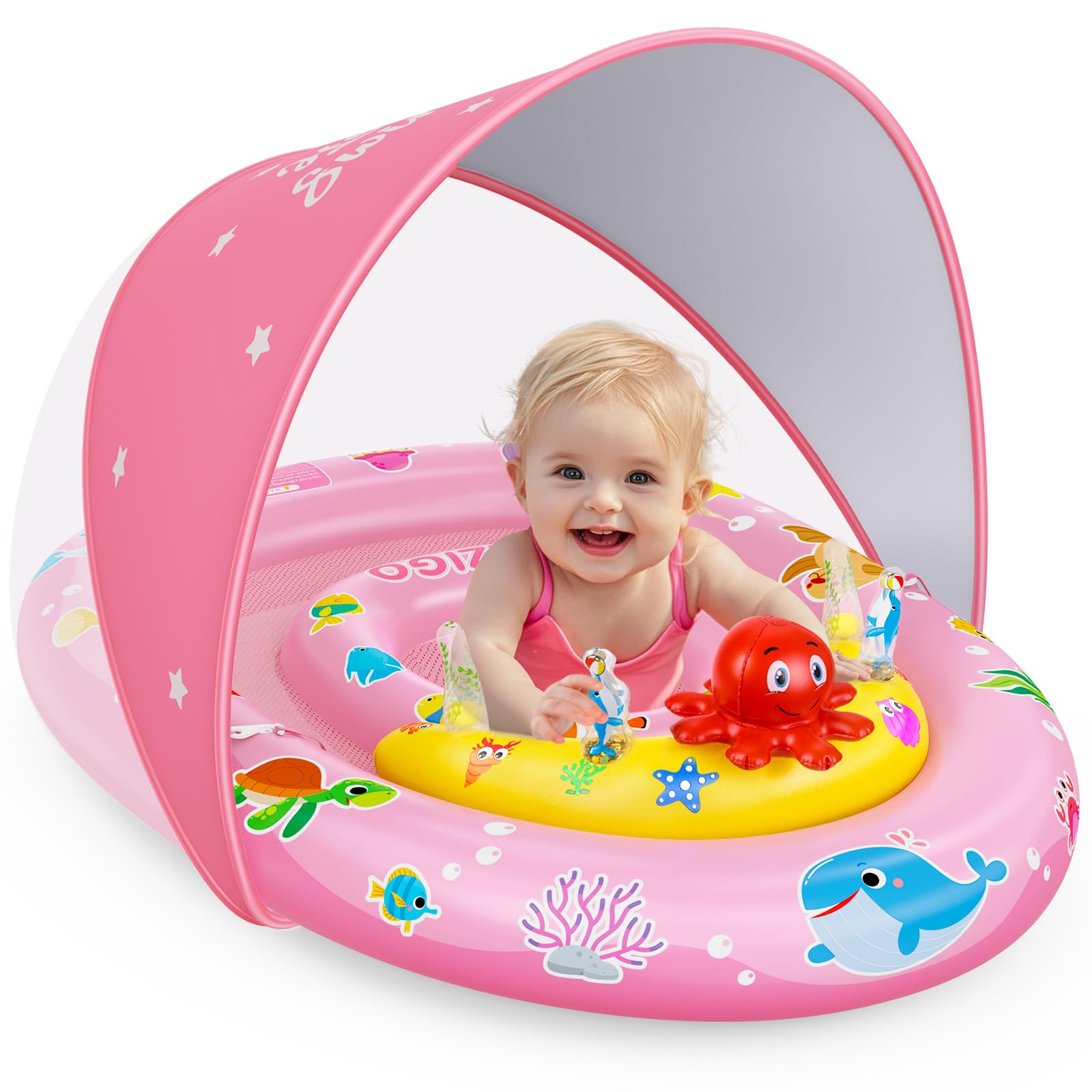 EZIGOBaby Pool Float with Canopy UPF50+ Sun Protection, Inflatable Kids Pool Float with Ocean Animal Toys for Baby 6-36 Months, Infant Swimming Float with Adjustable Safety Seat for Boys Girls - Pink