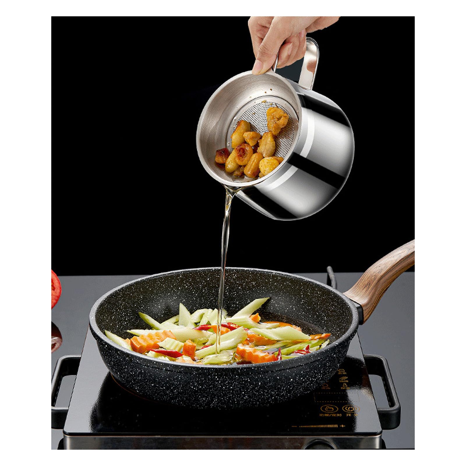 Serbatoio per filtro dell'olio in acciaio inox con setaccio di precisione e coperchio. Contenitore efficiente per grasso da cucina, per conservare