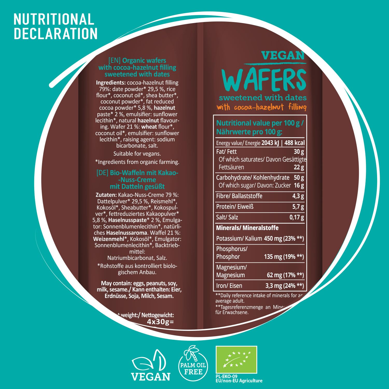 SUPER FUDGiO Bio gofres con crema de cacao y avellana | Endulzado con dátiles en lugar de azúcar | sin aceite de palma | Snack vegano 4 x 30 g (8 unidades)