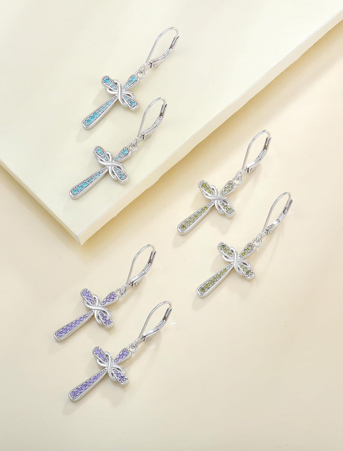 YL Cross Earrings 925 Sterling Silver Infinity Dangle Drop Earrings Birthstone Criss Leverback Jewelry - Image 4