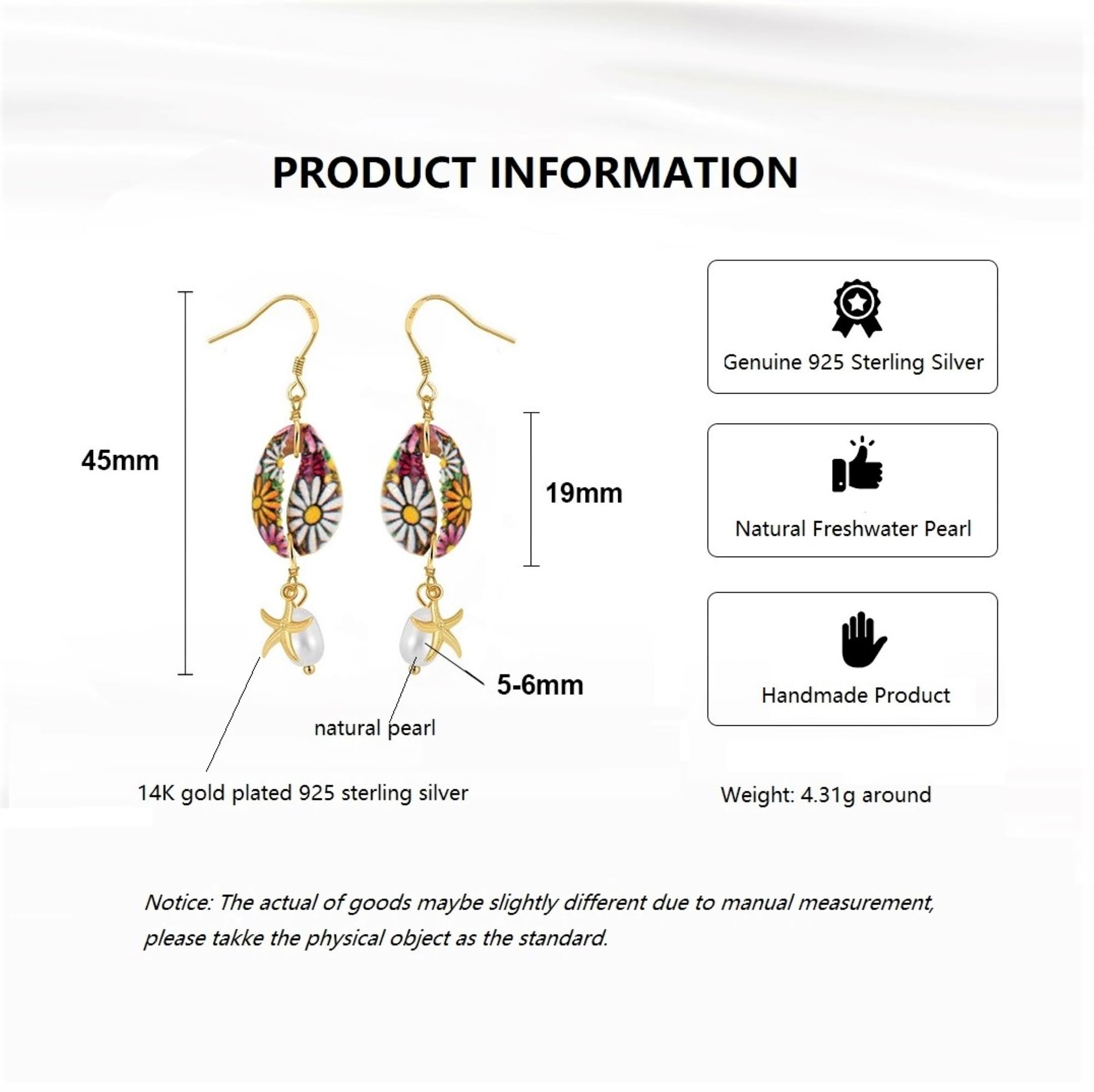 Pendientes Boho de Concha y Perla Pendientes Colgantes Estrella de Mar en Plata de Ley 925 Joyería para Mujeres