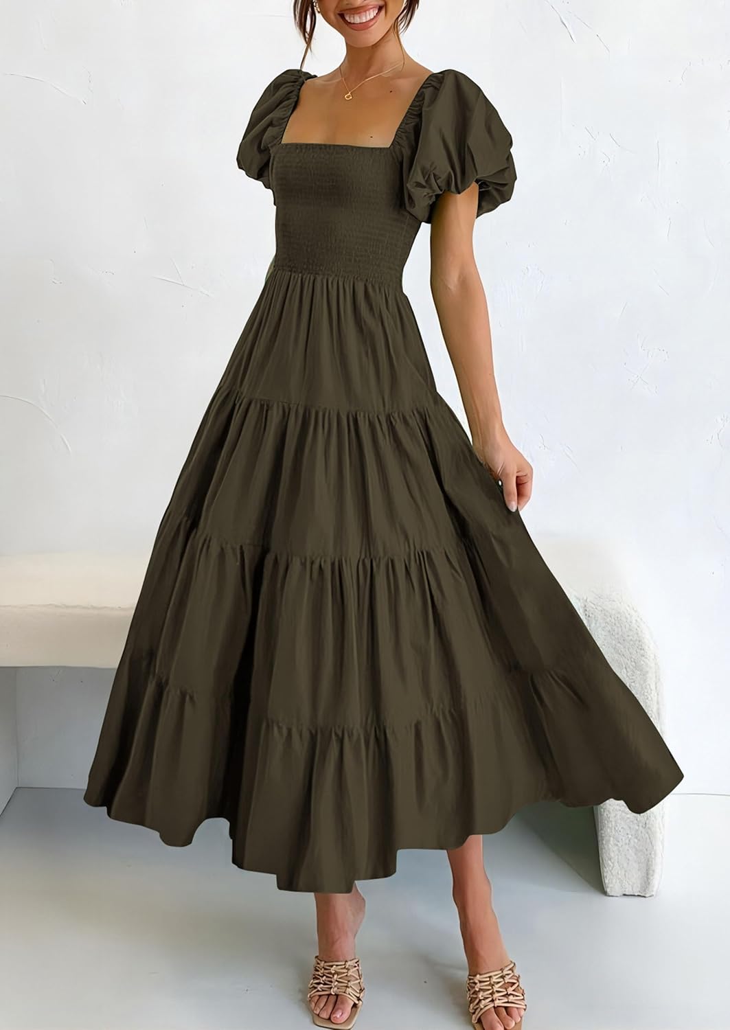 PRETTYGARDEN Women's Casual Summer Midi Dress Puffy Short Sleeve Square Neck Smocked Tiered Ruffle Dresses - Image 2