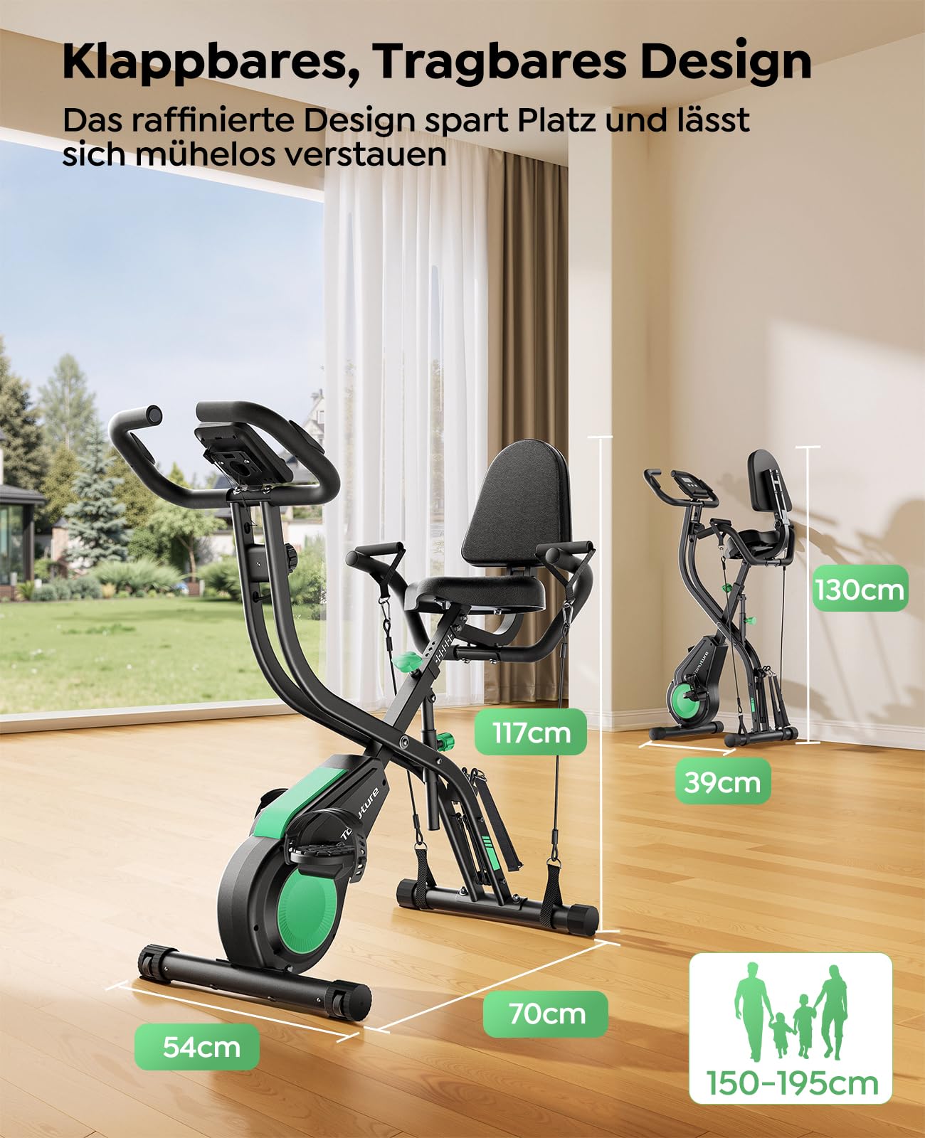 Toputure NEU 5-in-1 Heimtrainer Fahrrad Klappbar mit App, Hand-Bein-Zugseilen, Ergometer Hometrainer mit Ergonomischem Sitz, Handpulsmessung, 16 Magnetwiderstand, bis 140 KG, Ultraleise