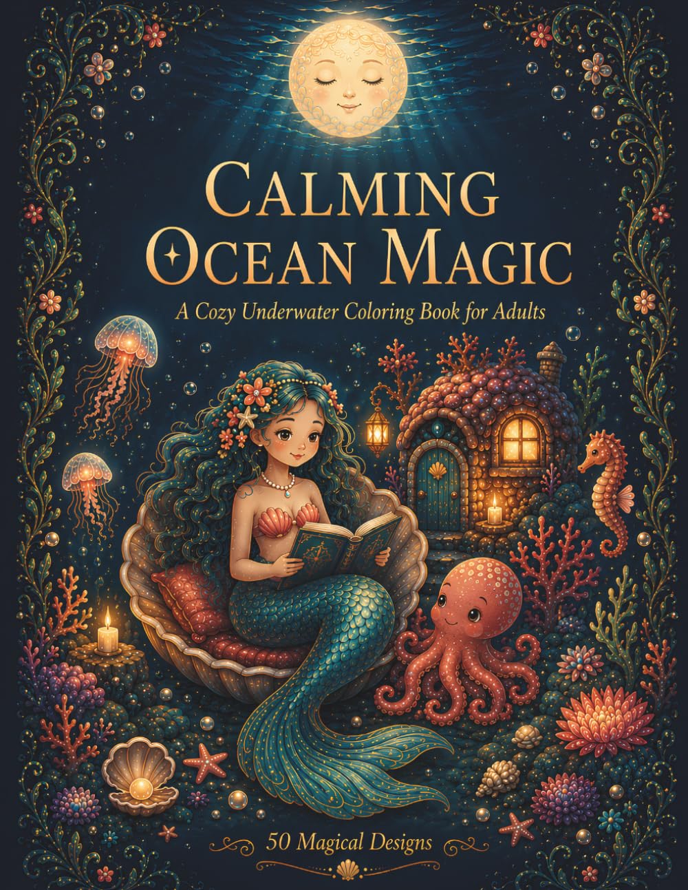 Calming Ocean Magic: A Cozy Underwater Coloring Book for Adults with 50 Bold Designs of Mermaids, Coral Cottages, Sea Creatures, and Moonlit Reefs for Stress Relief (Calming Nature Coloring Books)