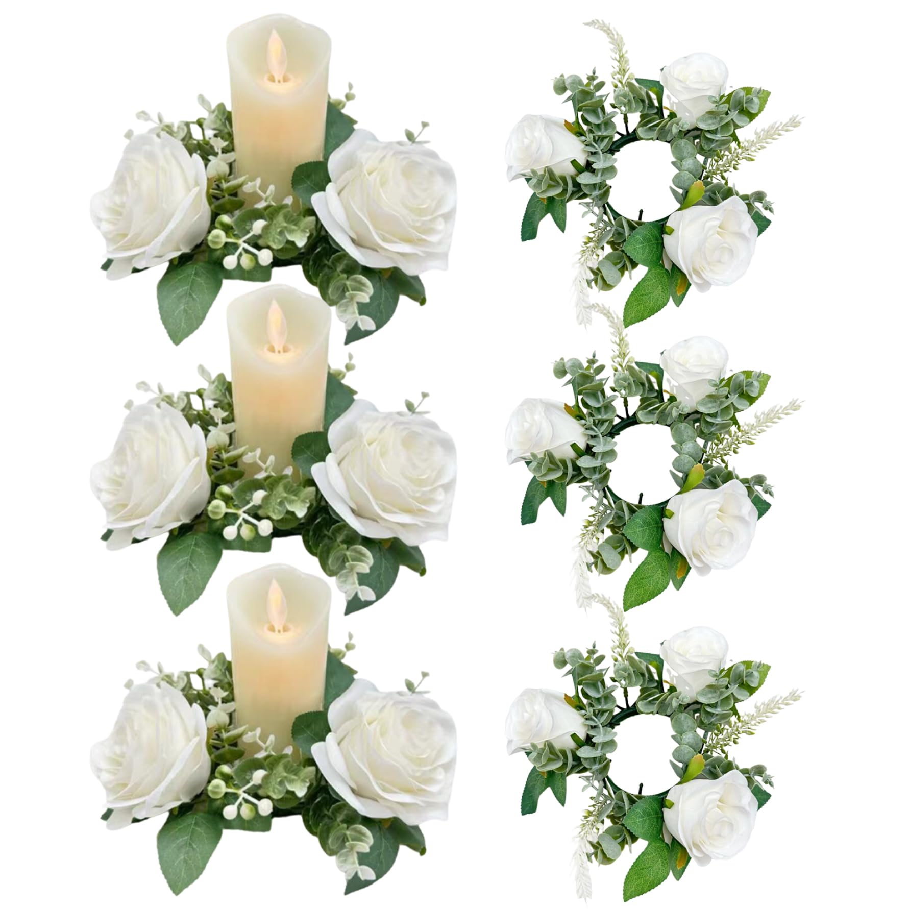 Anneaux de bougies florales blanches de 7.9 pouces pour centres de table de mariage | Lot de 6