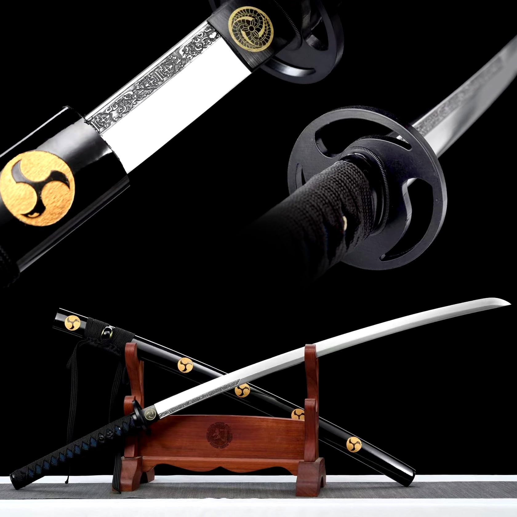 103cm Schwarzes Katana,Japanisches Samuraischwert,Federstahl Klinge,Holzscheide mit Schnitzmuster,handgefertigt echt Samurai-Schwert für Geschenke,Displays,Cosplay,Requisiten,Training