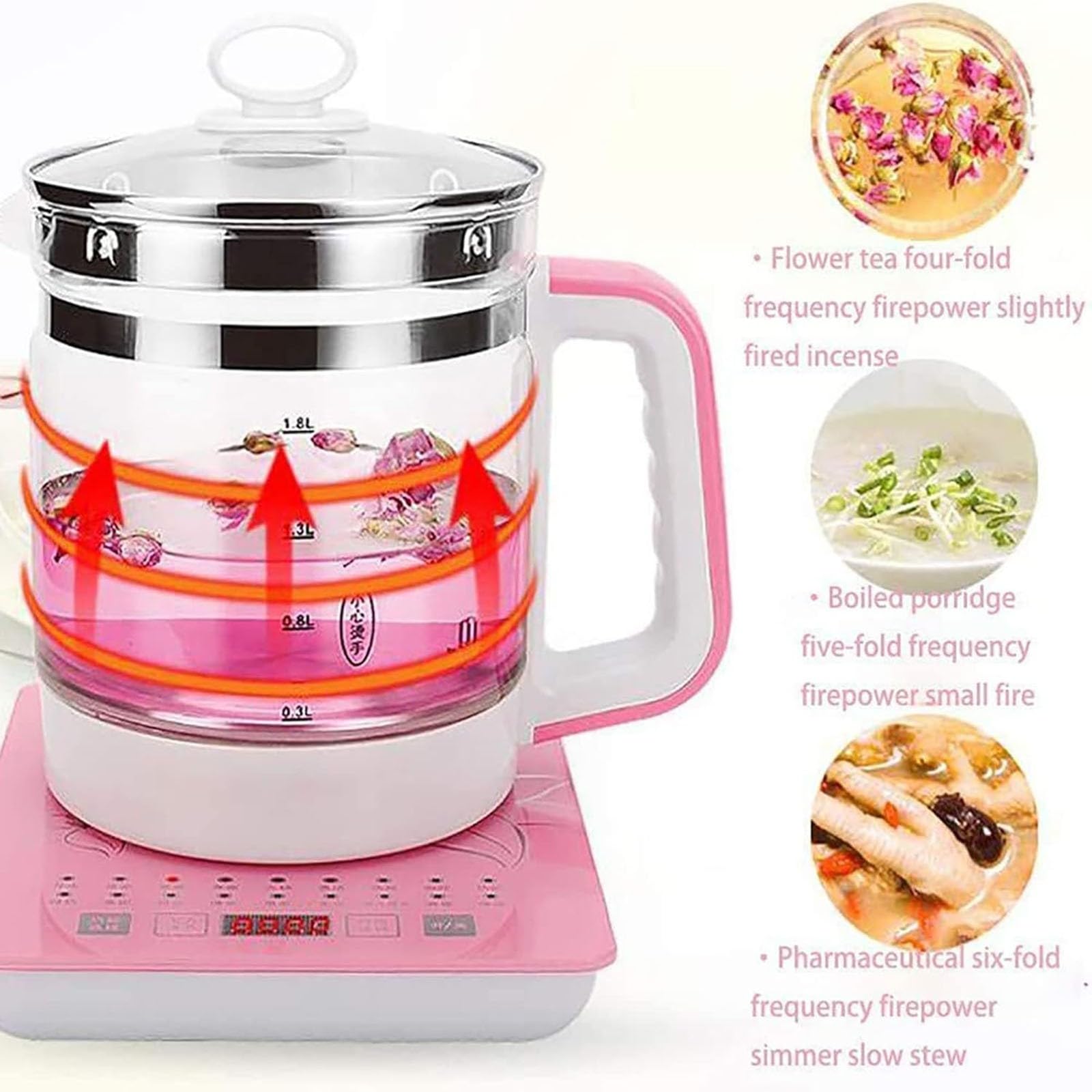 Hervidor de Agua eléctrico de 1,8 l, Tetera de Cristal, Tetera multifunción, Tetera eléctrica de Cristal con Espesamiento automático, Color Rosa