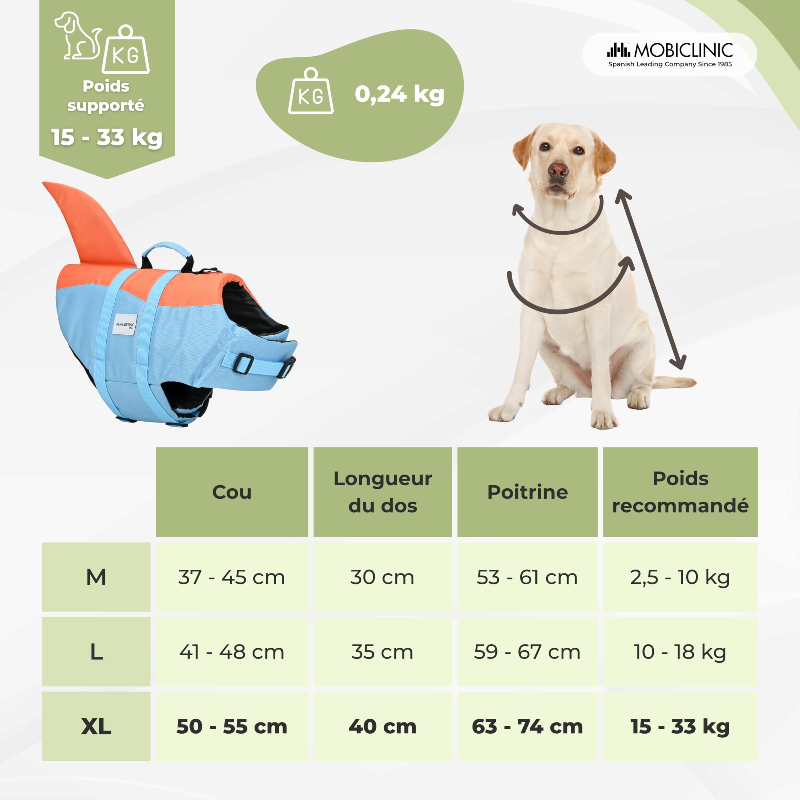 Mobiclinic®, Gilet de Sauvetage Chien, Design Aileron de Requin, Poignée de Sauvetage, Harnais Réglable, Anneau de Laisse, Flottabilité et Visibilité Élevées, Sharky, Léger, Natation, Surf, Voile (XL)