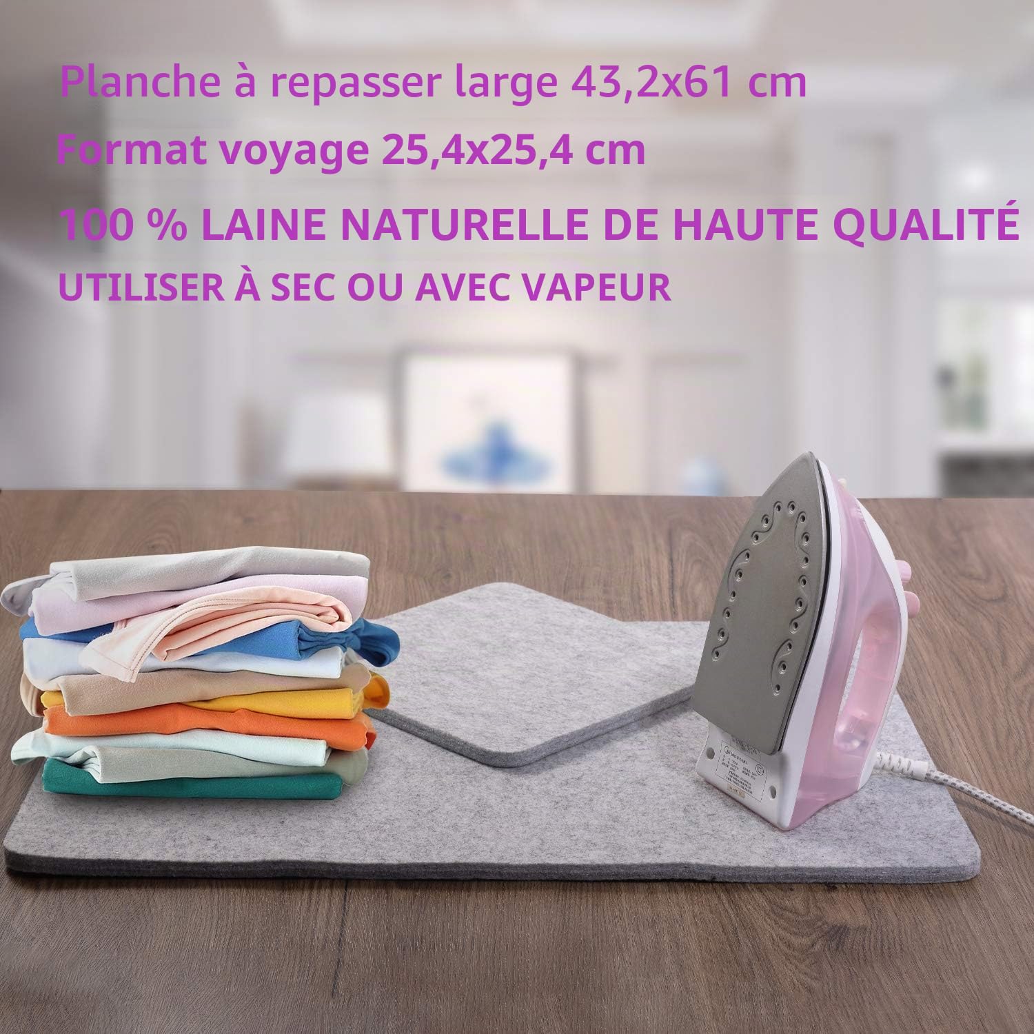 Tapis de pressage en laine 43 x 61 cm pour matelassage de grande taille et 25.5 x 25.5 cm - Tampon de repassage 100 % laine avec ciseaux, ruban