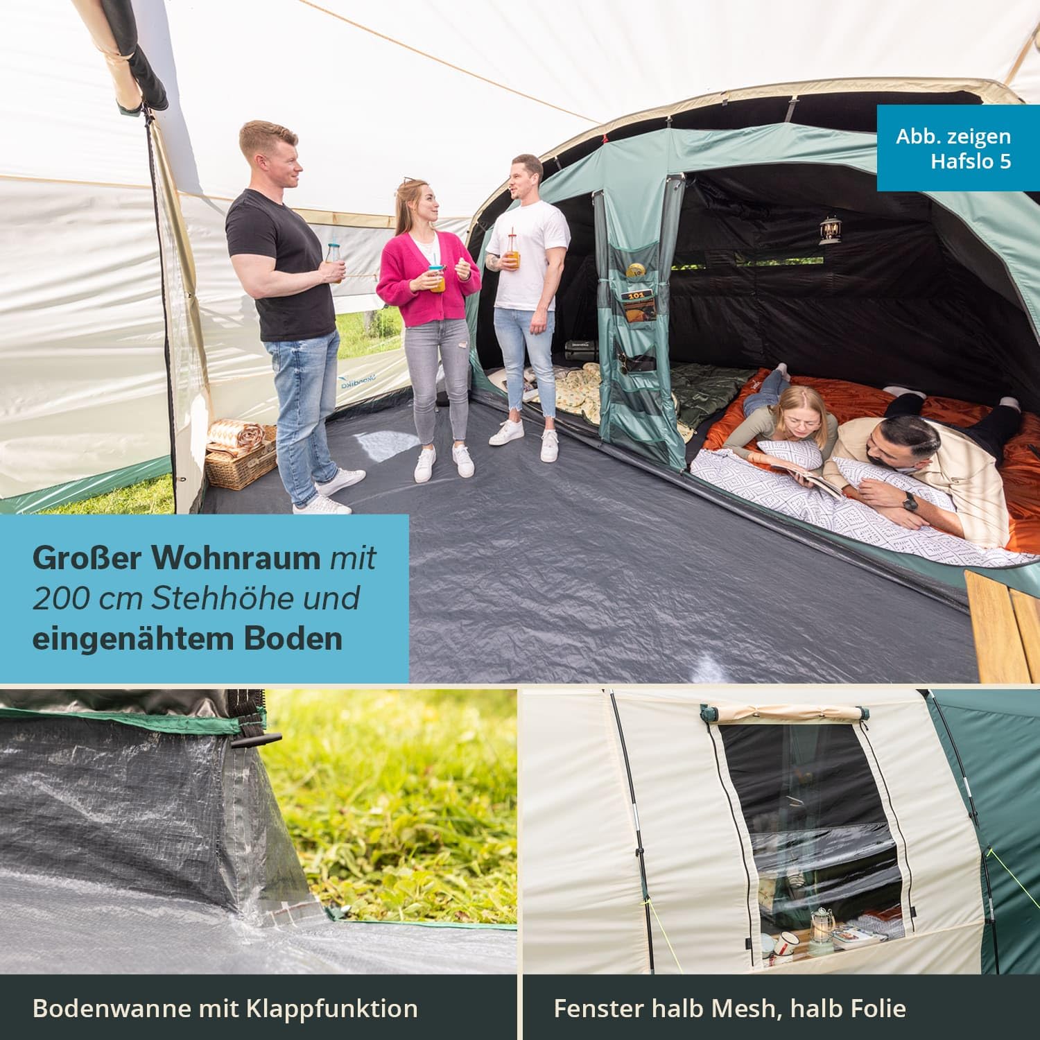 Skandika Tunnelzelt Hafslo Sleeper Protect | Zelt für Camping, 4/5/6 Personen, wasserdicht, eingenähter Zeltboden, 5000mm Wassersäule, Vorzelt, schwarze Schlafkabine | Zelte, Campingzelt, Familienzelt