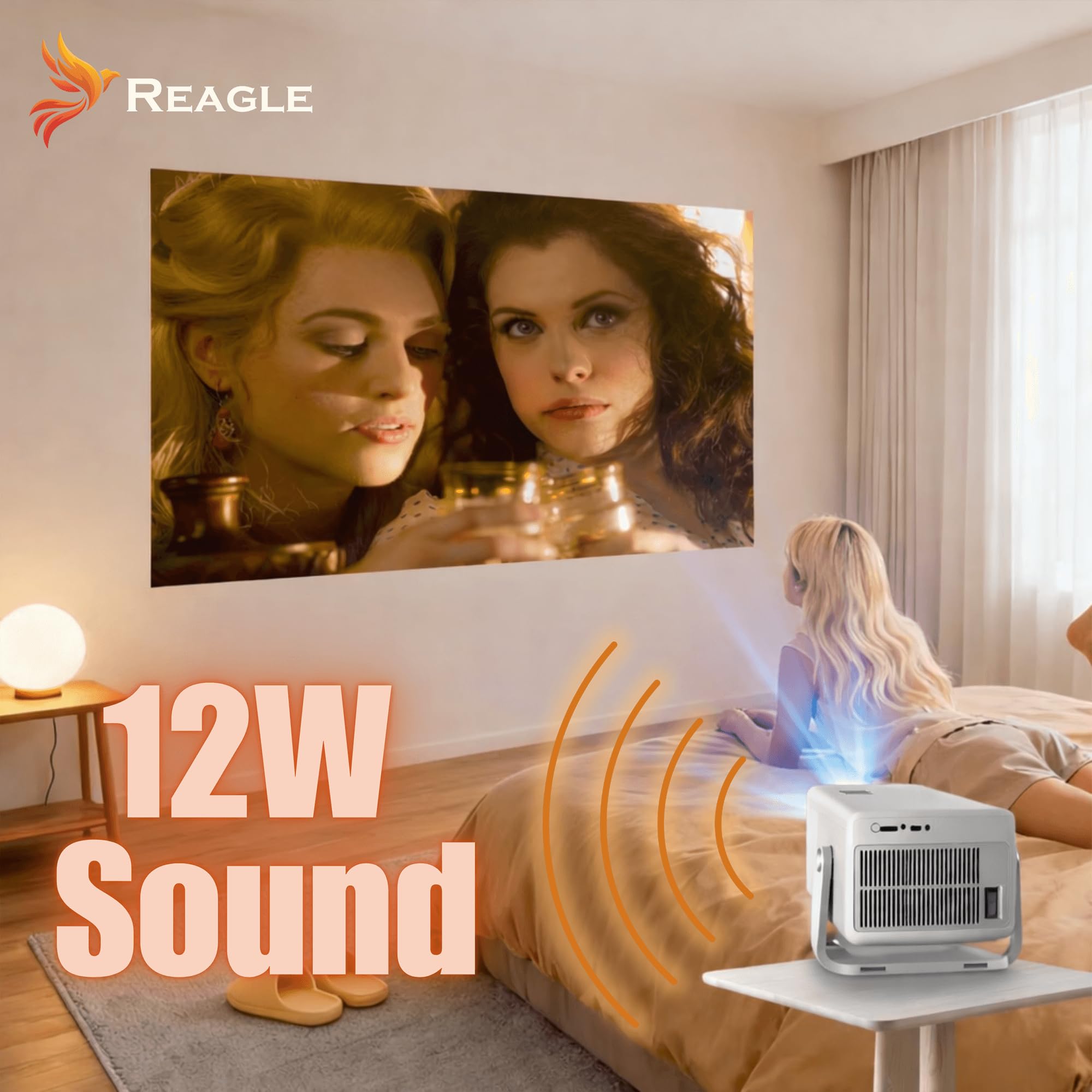 Reagle Proiettore LED 900 ANSI Full HD 1080p 8K Supporto 140", Android 14 Smart TV WiFi 6 Bluetooth Autofocus Keystone Automatico HDR10 Portatile Home Cinema