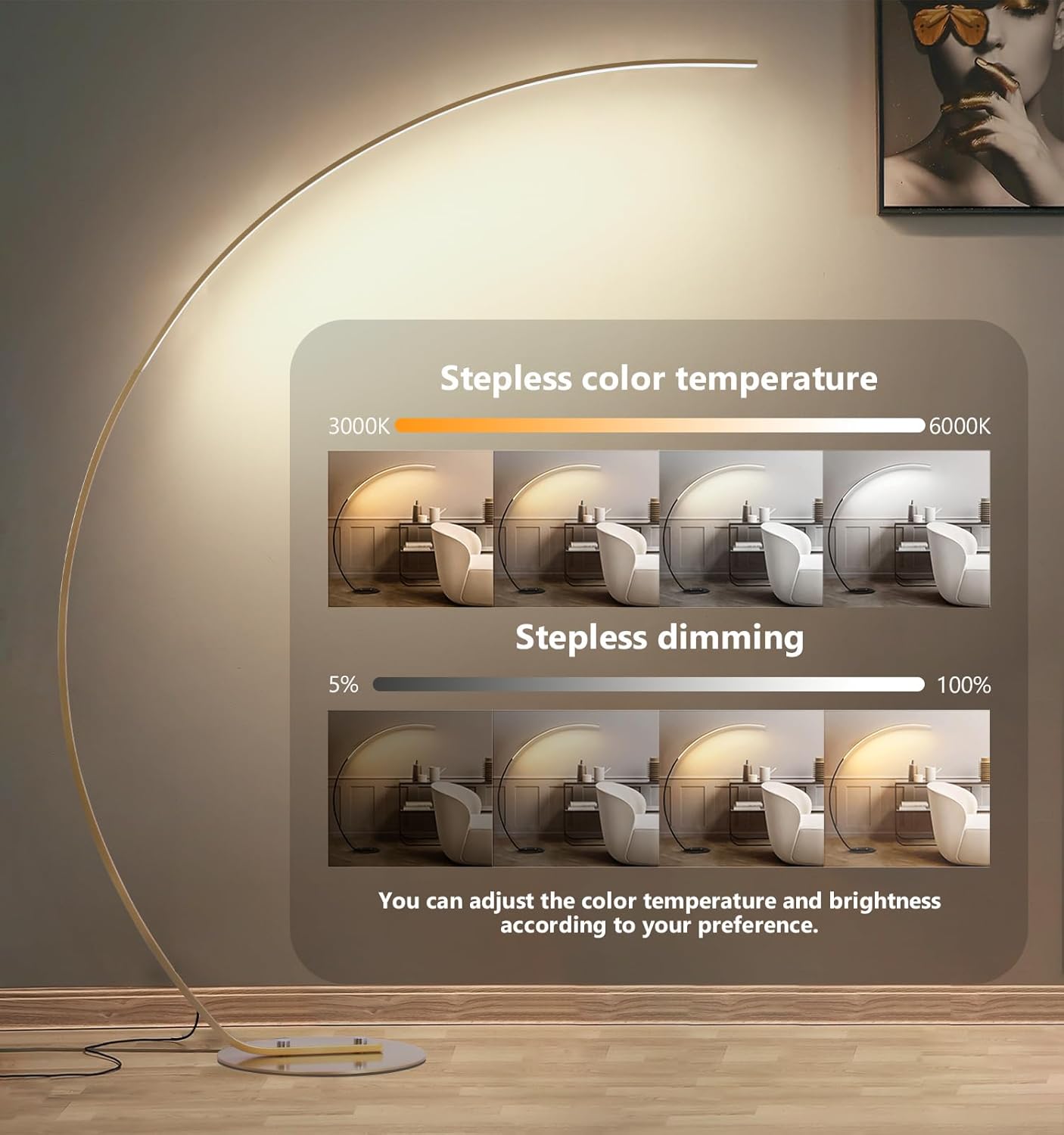 Diagram showing stepless color temperature and dimming range of the Aanyhoh LED Arc Floor Lamp