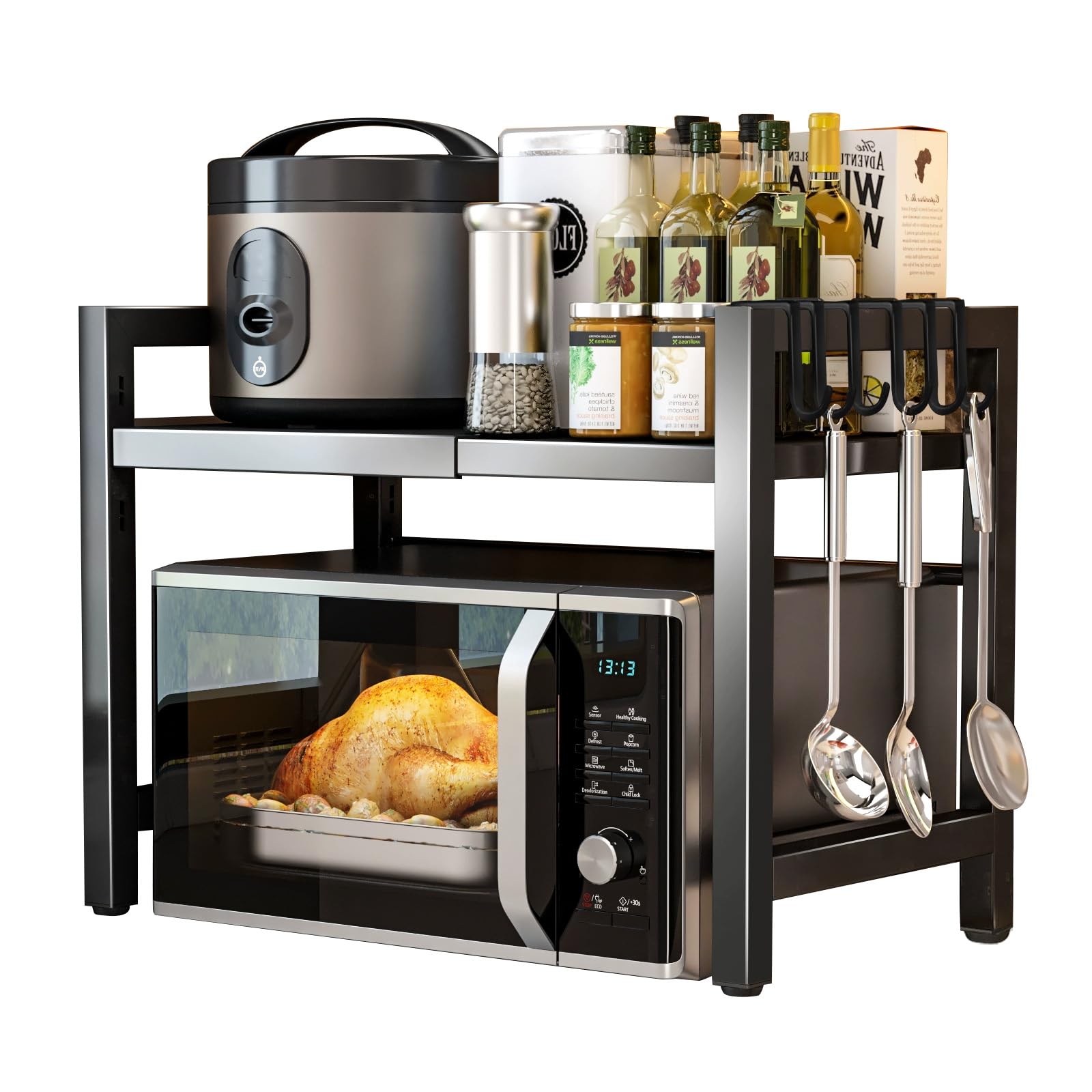 Haipky 2-Tier Adjustable Microwave Oven Rack, Expandable Kitchen Countertop Shelf with 6 Hooks, Metal Baker Rack, Space-Saving Kitchen Organizer, Black
