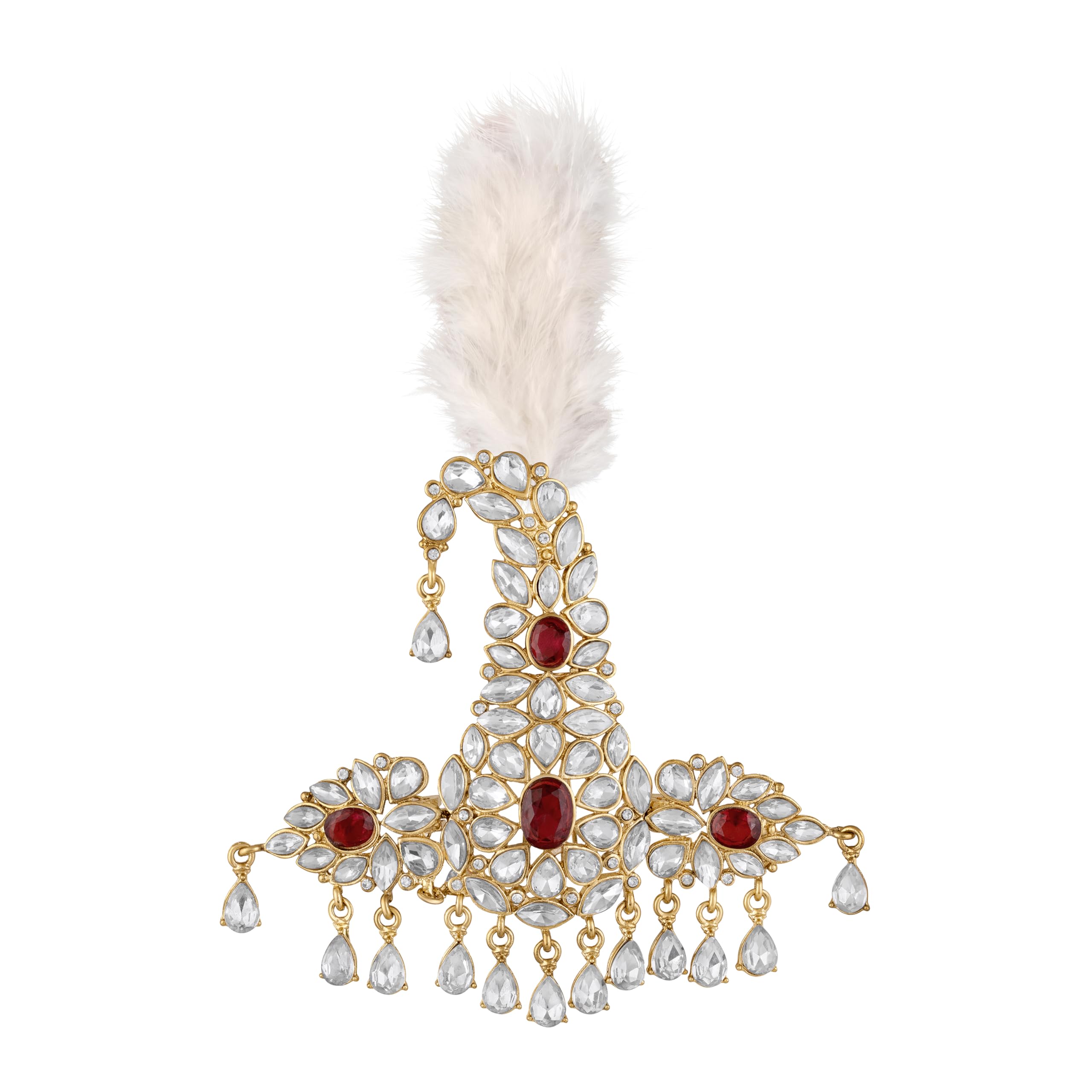 Red and White Crystals Kalangi with Feather Pagri Turban Brooch for Groom/Men (KL1001018GRed)